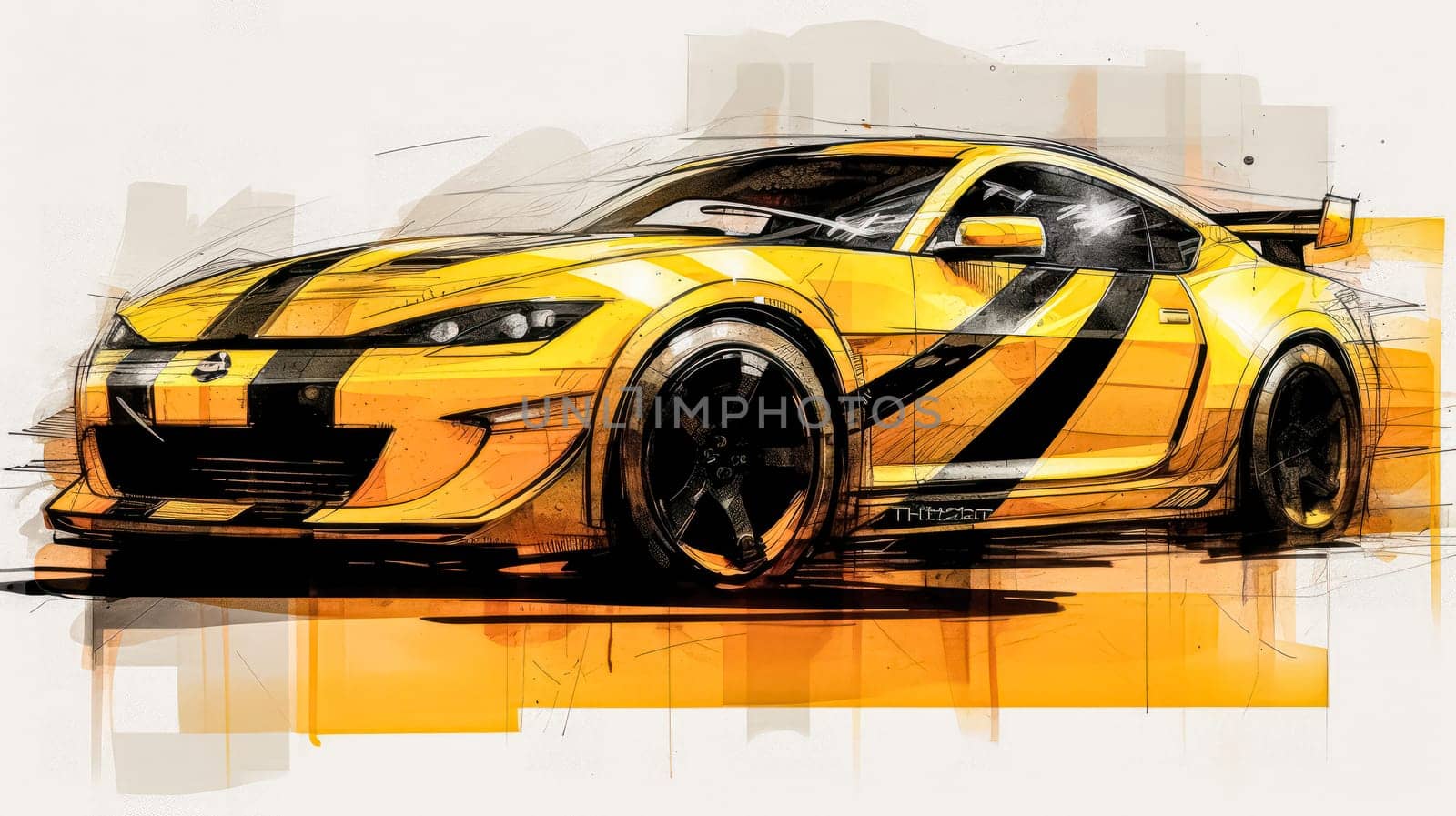 A dynamic watercolor sketch of a sleek sports car with yellow gray lines by Alla_Morozova93