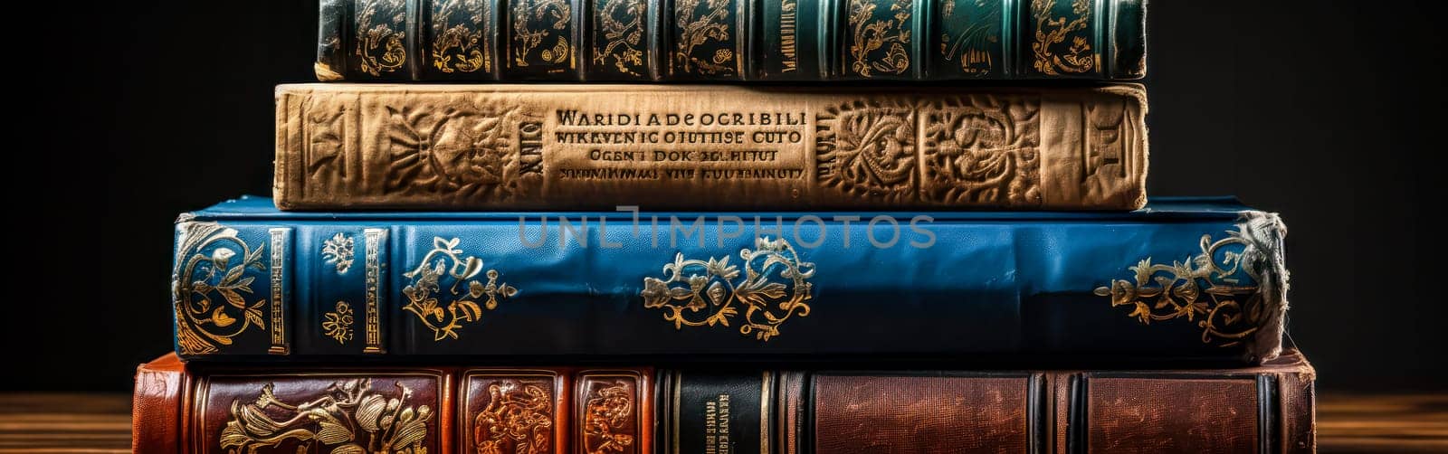 Close up view of antique books, showcasing their aged pages and intricate bindings, perfect for conveying a sense of nostalgia and literary charm.