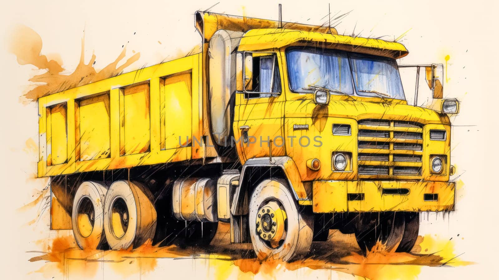 A vibrant watercolor sketch of a truck with yellow gray lines, portraying rugged durability and industrial strength in artistic detail.