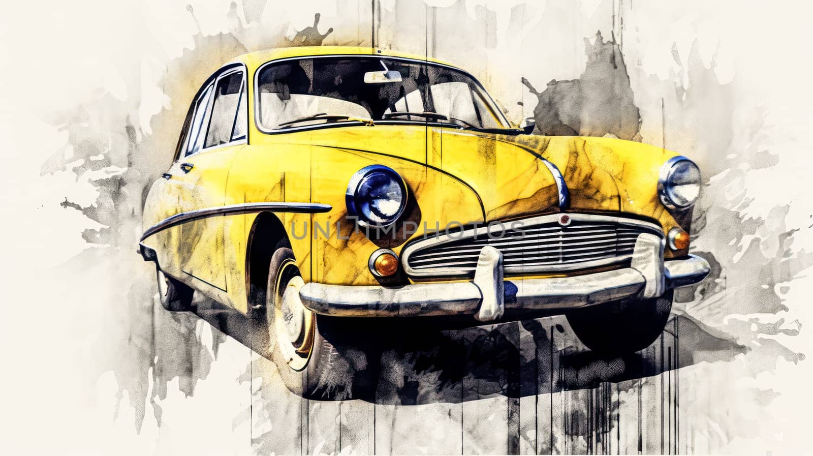 A nostalgic watercolor sketch of a retro car with yellow gray lines, evoking vintage charm and classic style in artistic detail.