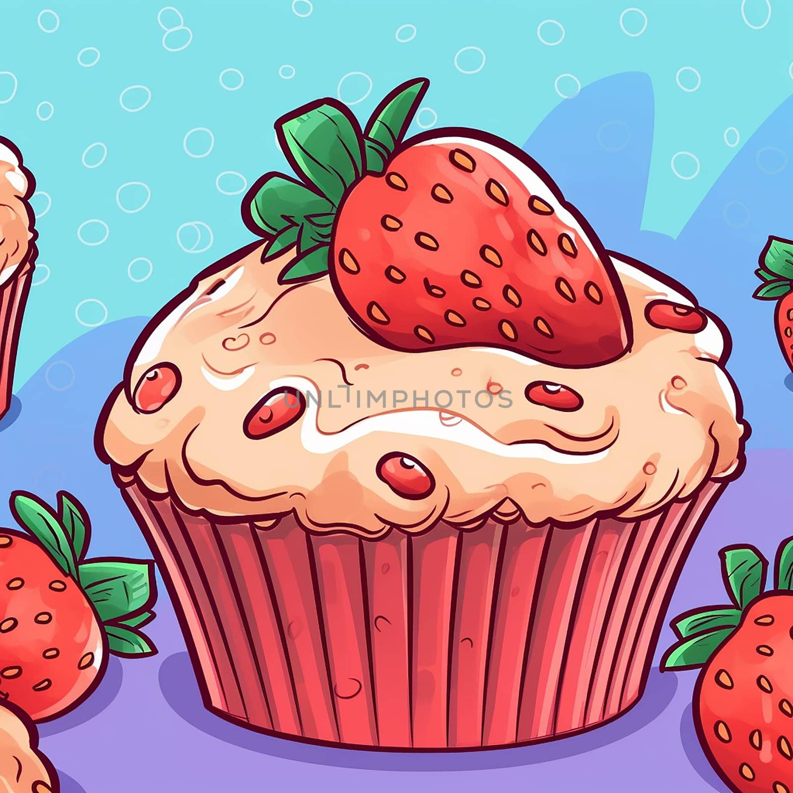 An illustration of a pink strawberry cupcake on blue background