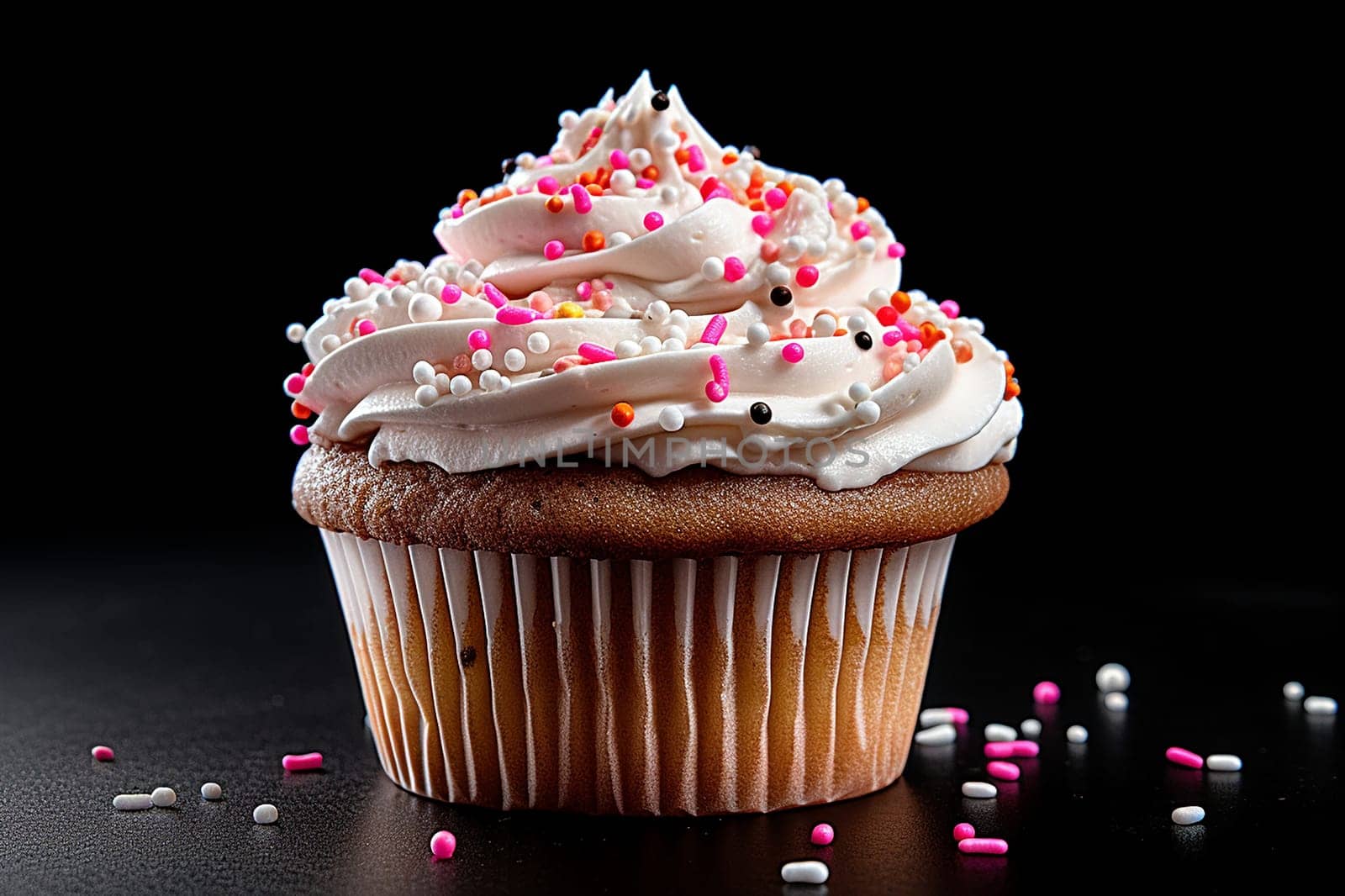 A delicious cupcake topped with creamy frosting and colorful sprinkles.
