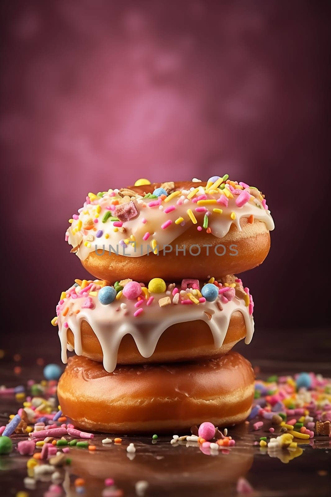 Two iced donuts with sprinkles stacked on top of each other.