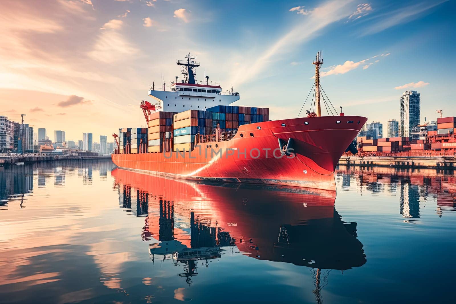 An aerial view captures a large container cargo ship laden with cargo as it sails across the vast expanse of the open ocean.