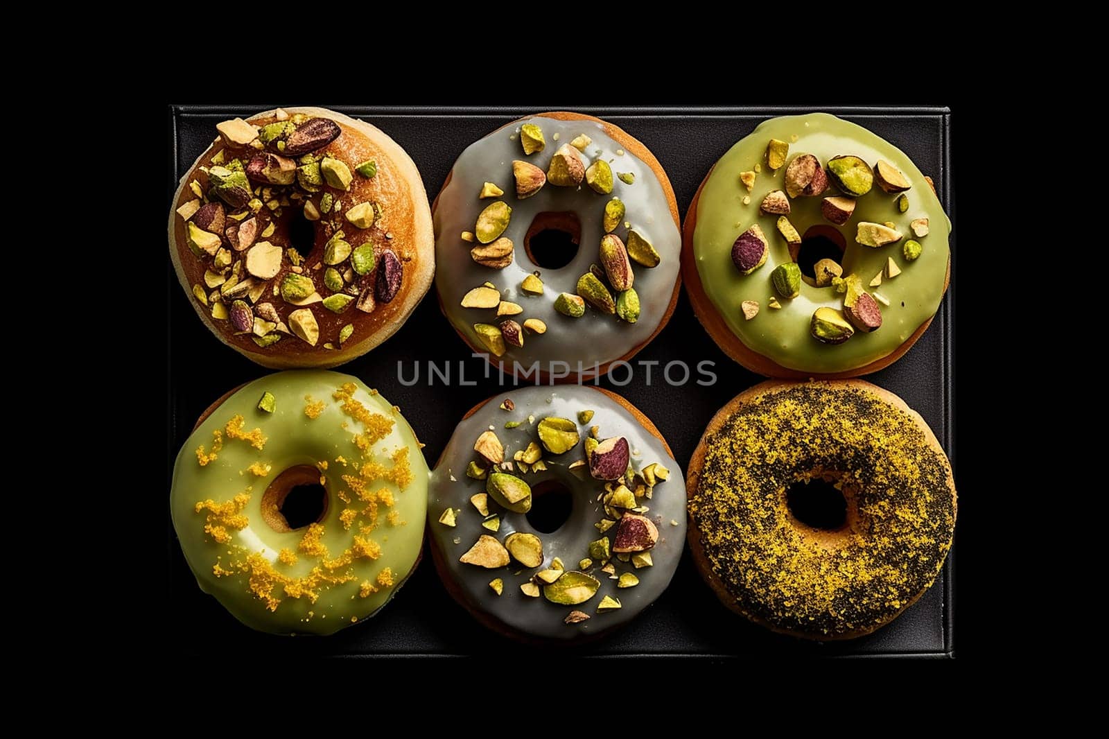 Six assorted gourmet donuts presented in a box on a black background
