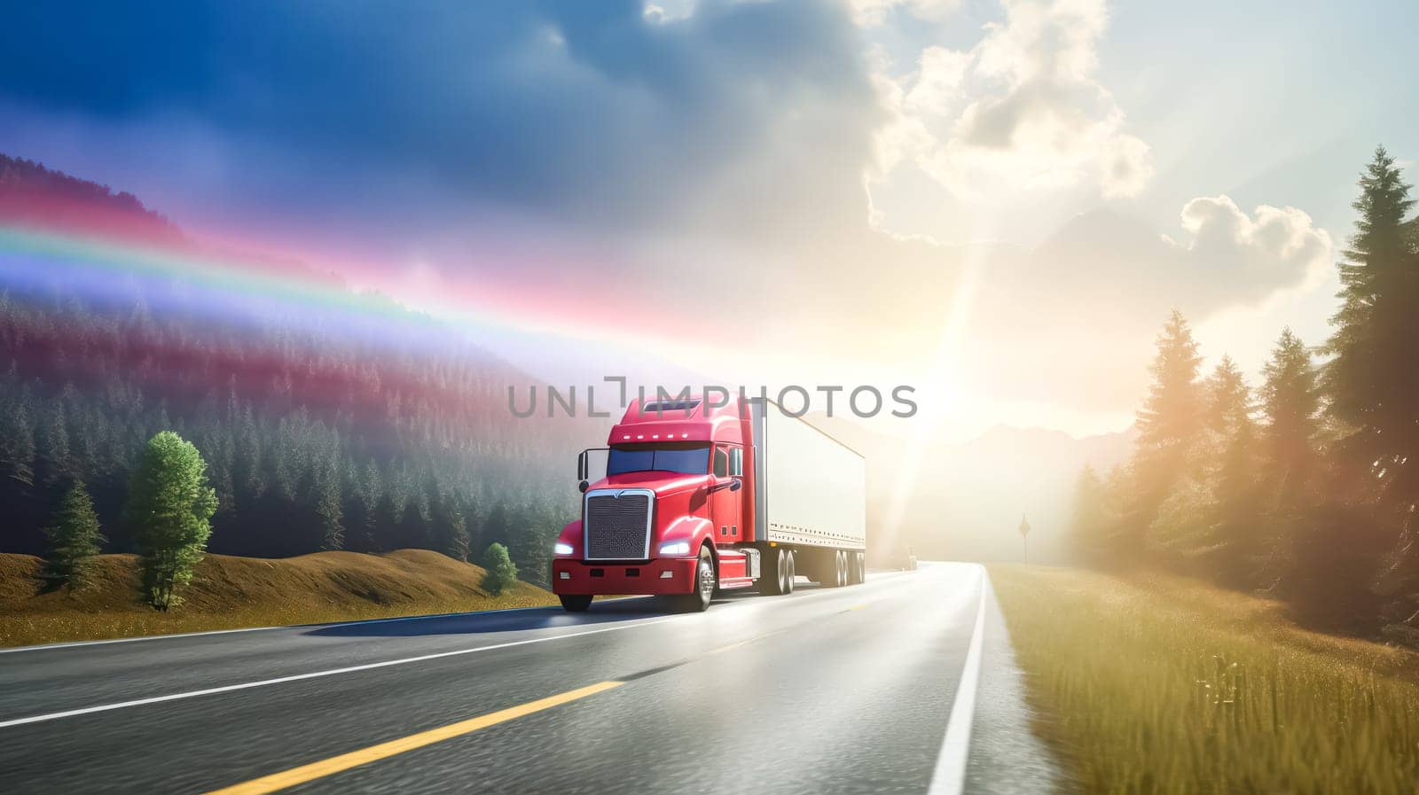 A white truck drives along a highway winding through a forested landscape adorned with autumn colors, creating a picturesque scene at sunset.