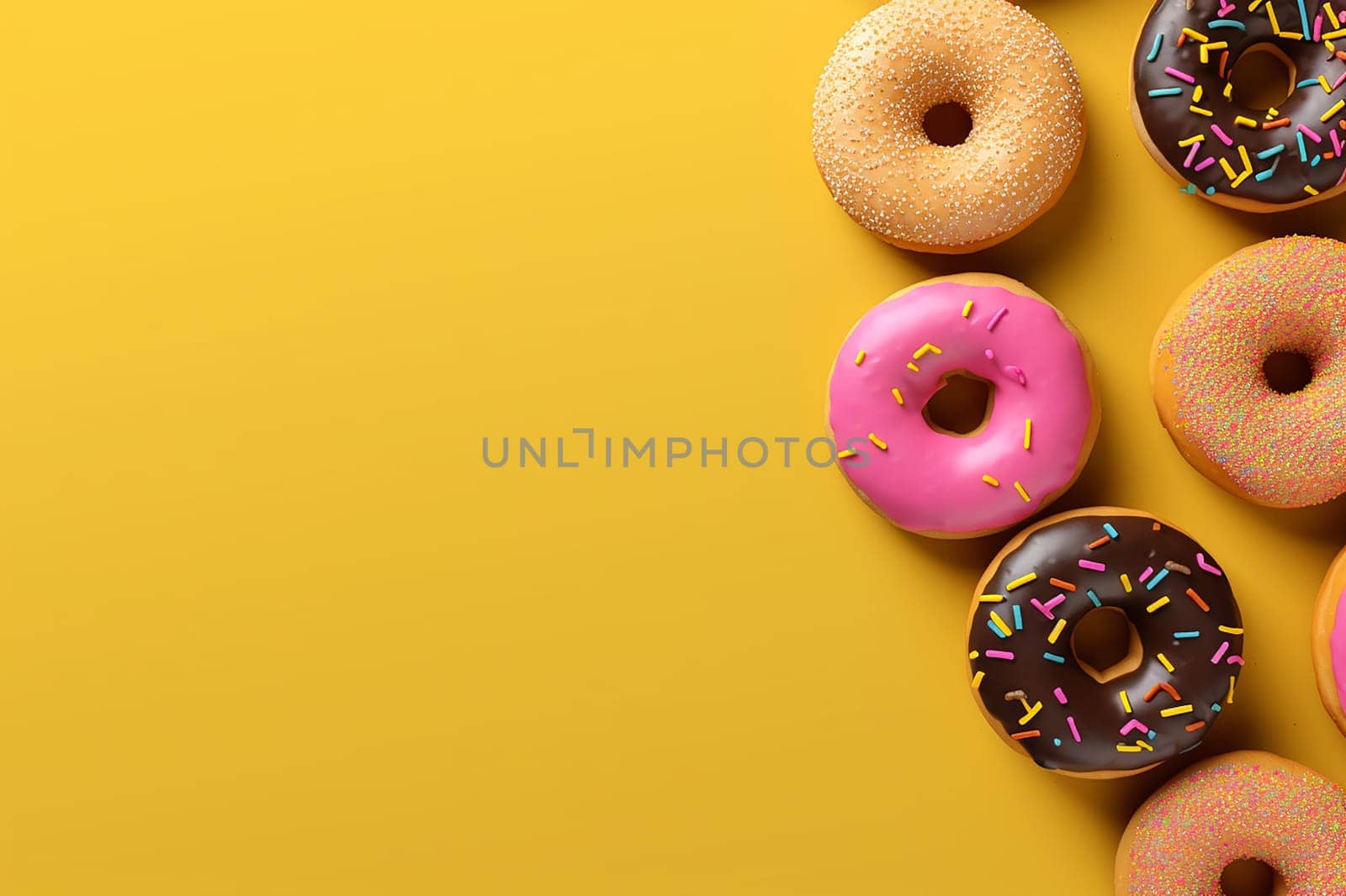 Assorted frosted donuts with sprinkles on a yellow background.