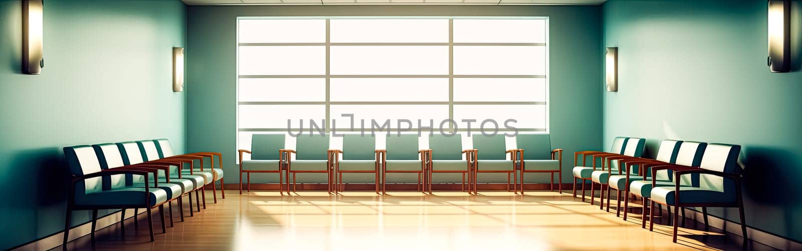 Aesthetic and clean modern clinic or vet waiting room with an empty poster by Alla_Morozova93
