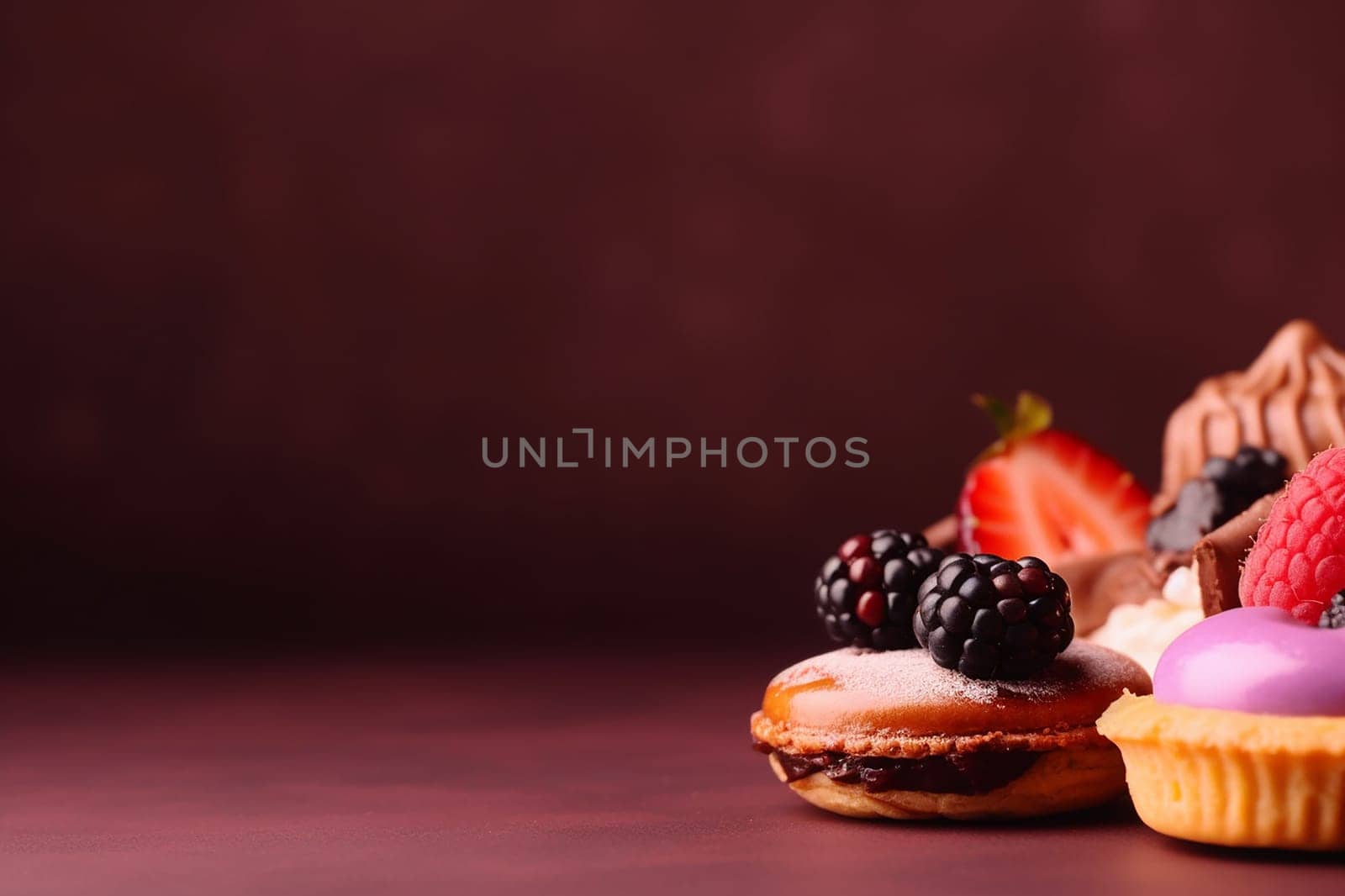 A pastry with berries, on red background