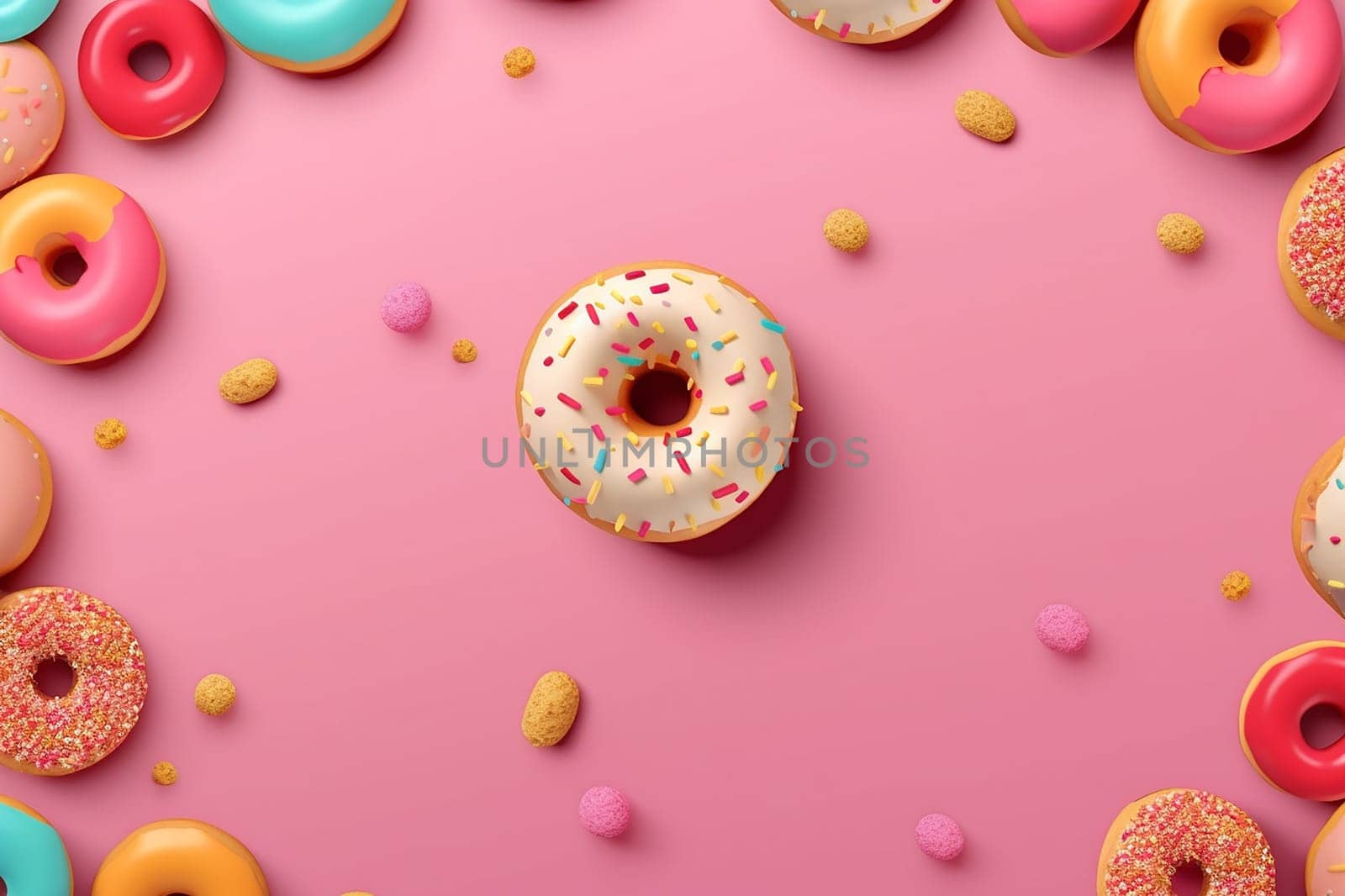 Assorted colorful doughnuts with different toppings and sprinkles on a teal background.