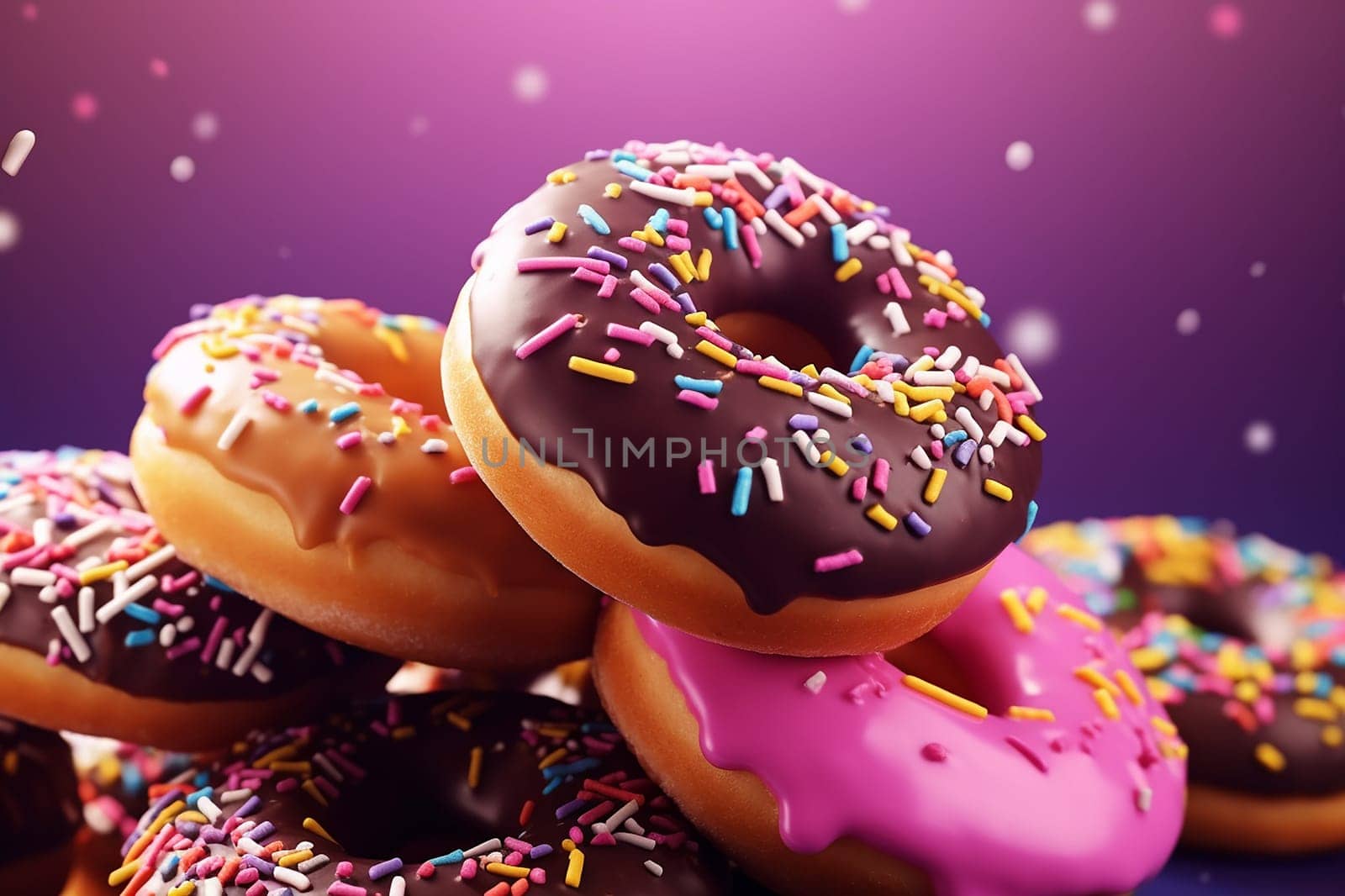 Assorted frosted donuts with colorful sprinkles against a purple background.