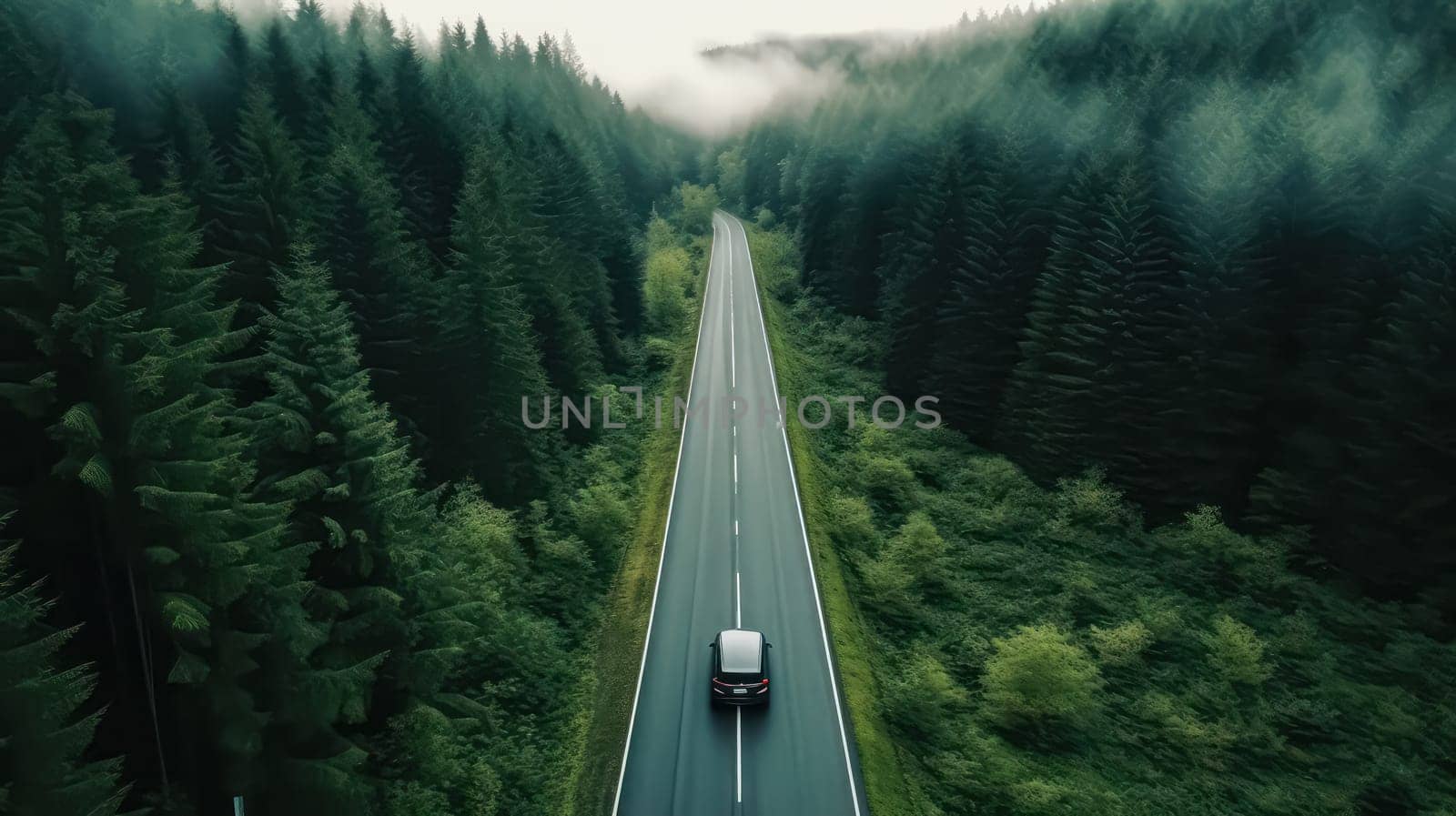 A drone captures a car driving along a highway nestled within a forest, showcasing the tranquility of a scenic drive through nature.