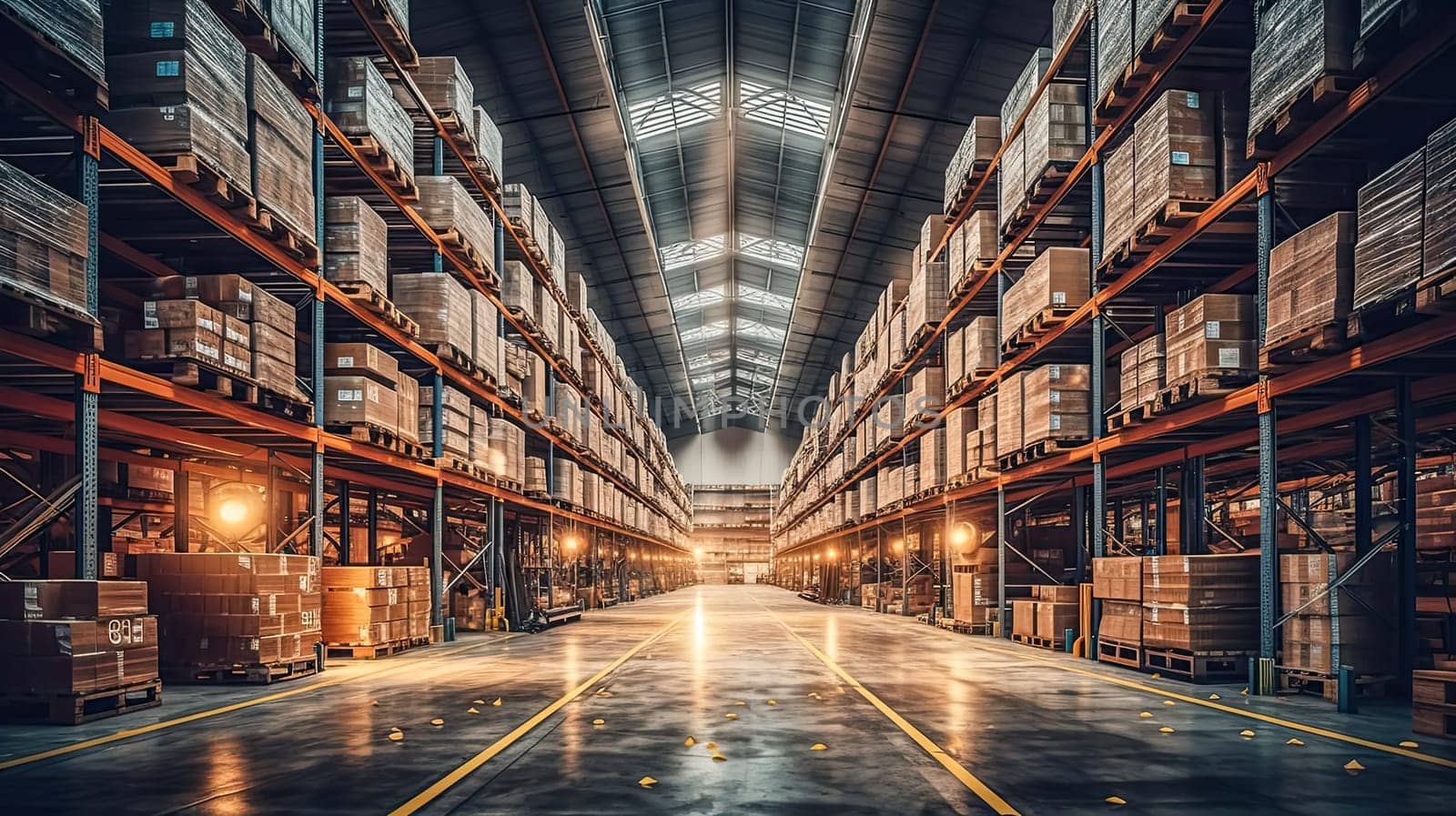 A warehouse hall bustling with activity, filled with neatly stacked boxes and orders ready for distribution. Industrial interior with efficient lighting.