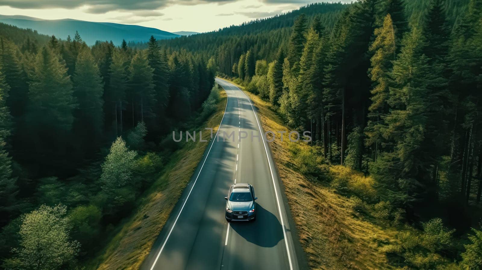 A drone captures a car driving along a highway nestled within a forest by Alla_Morozova93