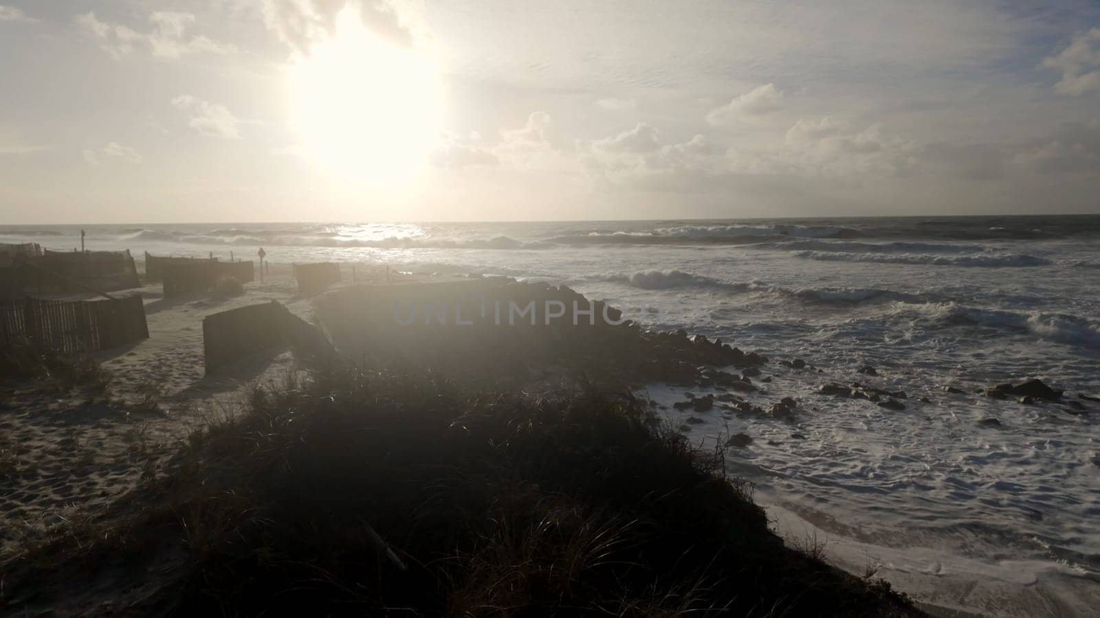 Ovar, Portugal - February 10, 2024: Storm Karlota worsens the fragile dune protection north of Furadouro beach.