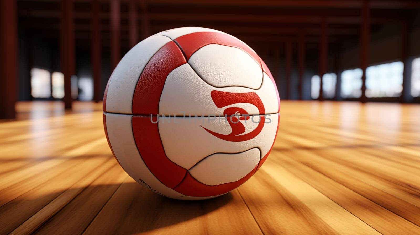 A volleyball ball lies on the court on a wooden court with blurred background.