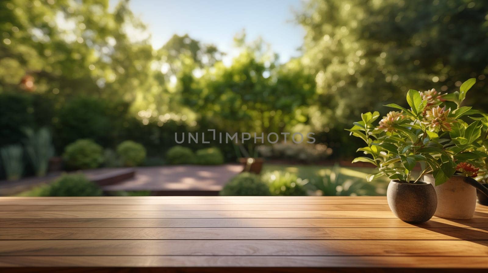 Peaceful garden scene with sunlit foliage and flowering plant on wooden table. Place for your product