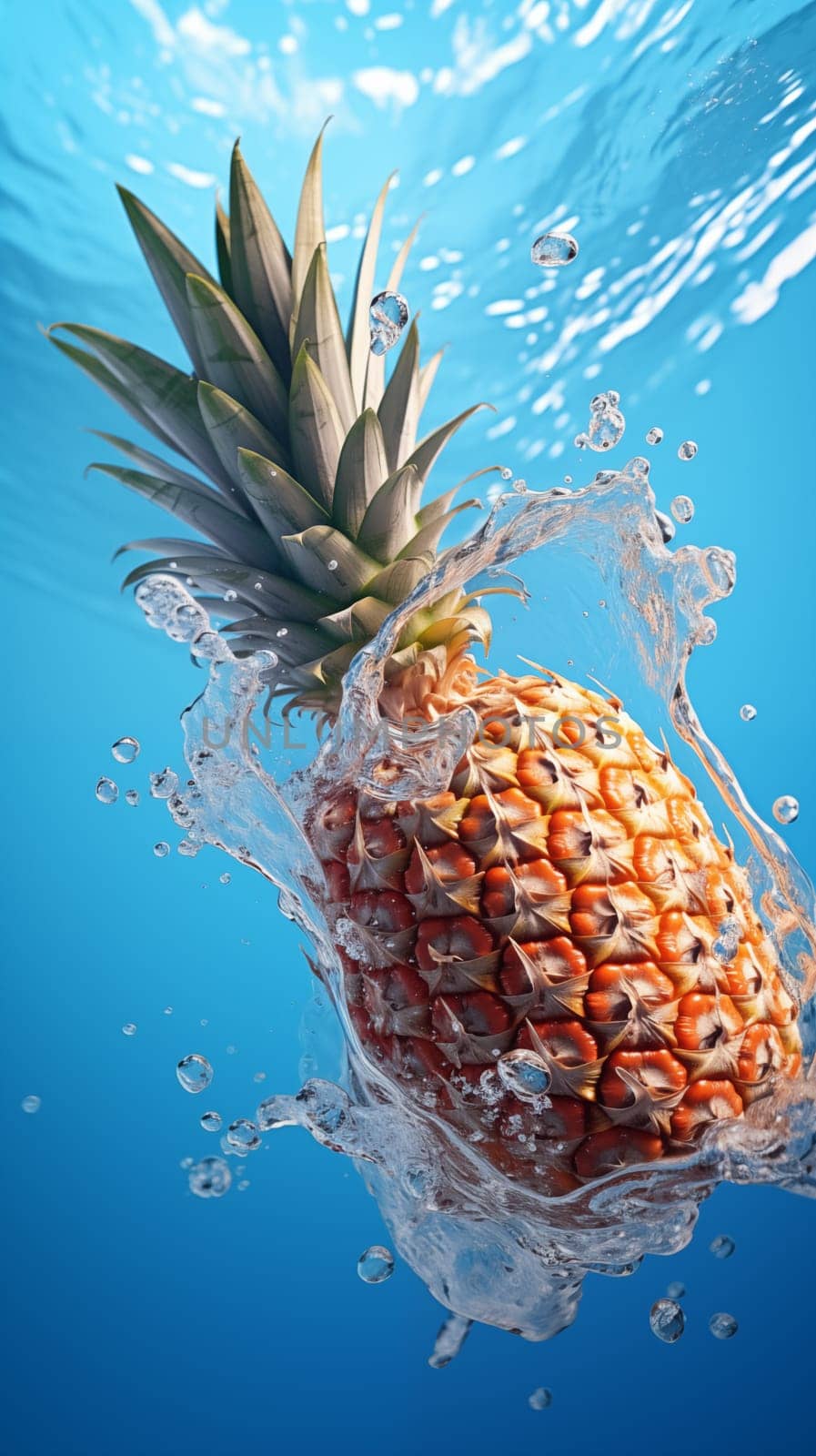 Fresh fruit pineapple falls under water, with splashes and air bubbles by Zakharova