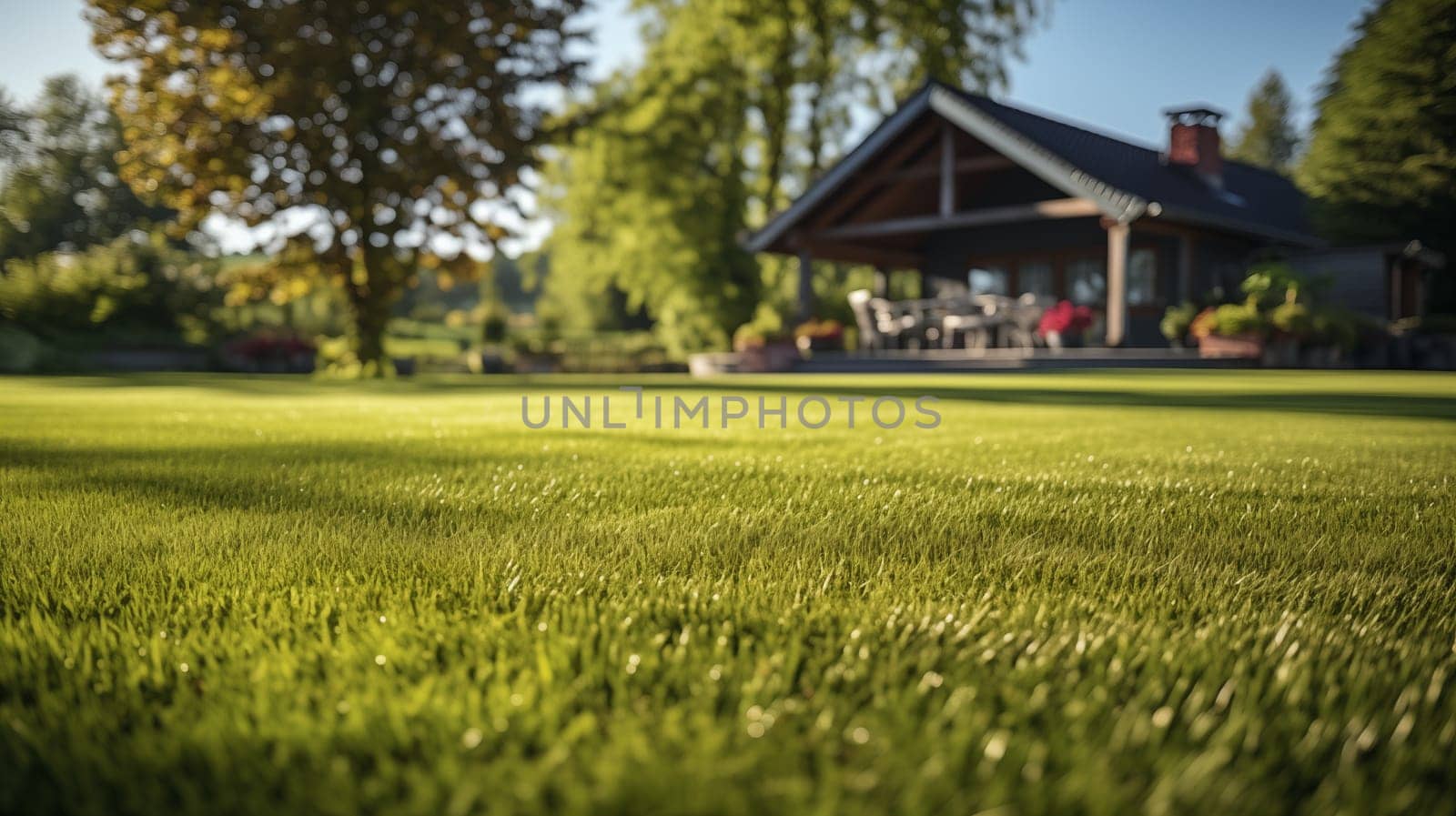 Warm evening sun on a well-kept backyard of a cozy suburban home.