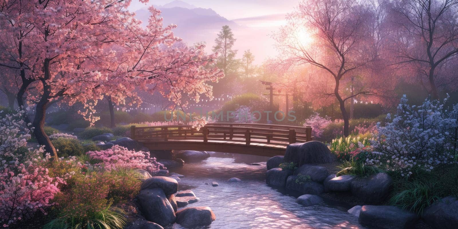 A serene Zen garden at sunrise, with a gently flowing stream. Resplendent. by biancoblue