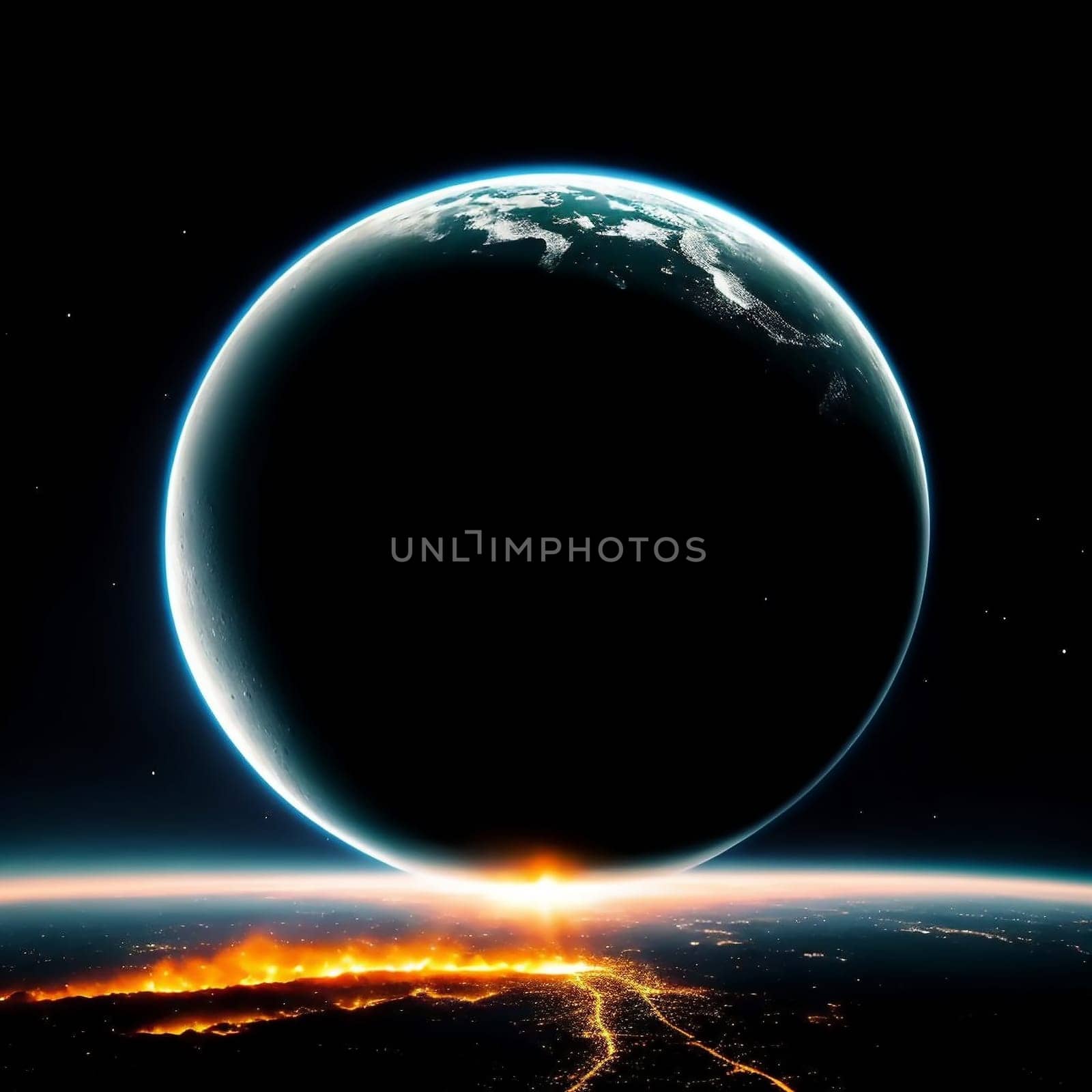 Planet Earth on fire and a new untouched planet against the background of the night sky. AI generated image.
