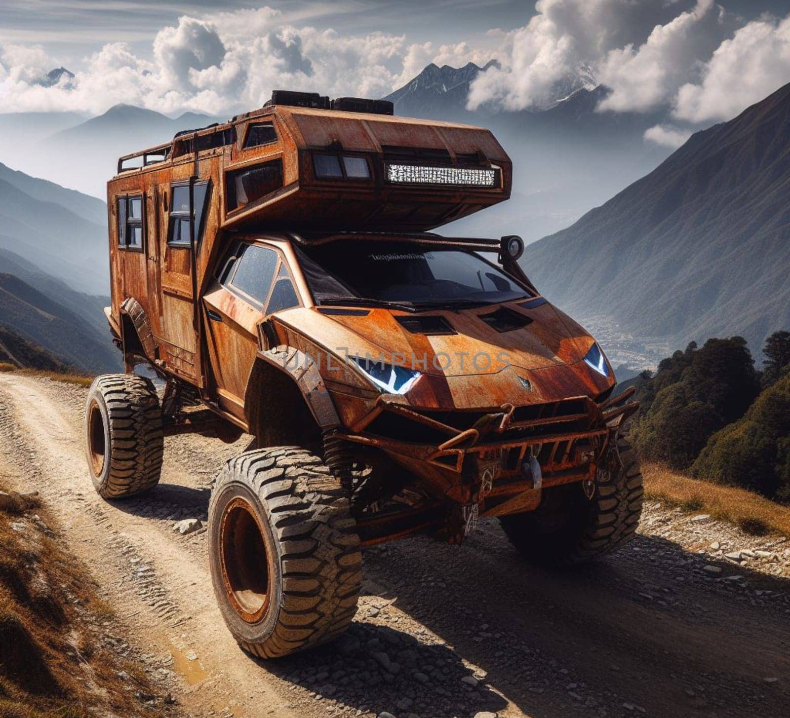rusty dirt offroad 4x4 lifted vintage custom camper conversion jeep overlanding in mountain roads by verbano