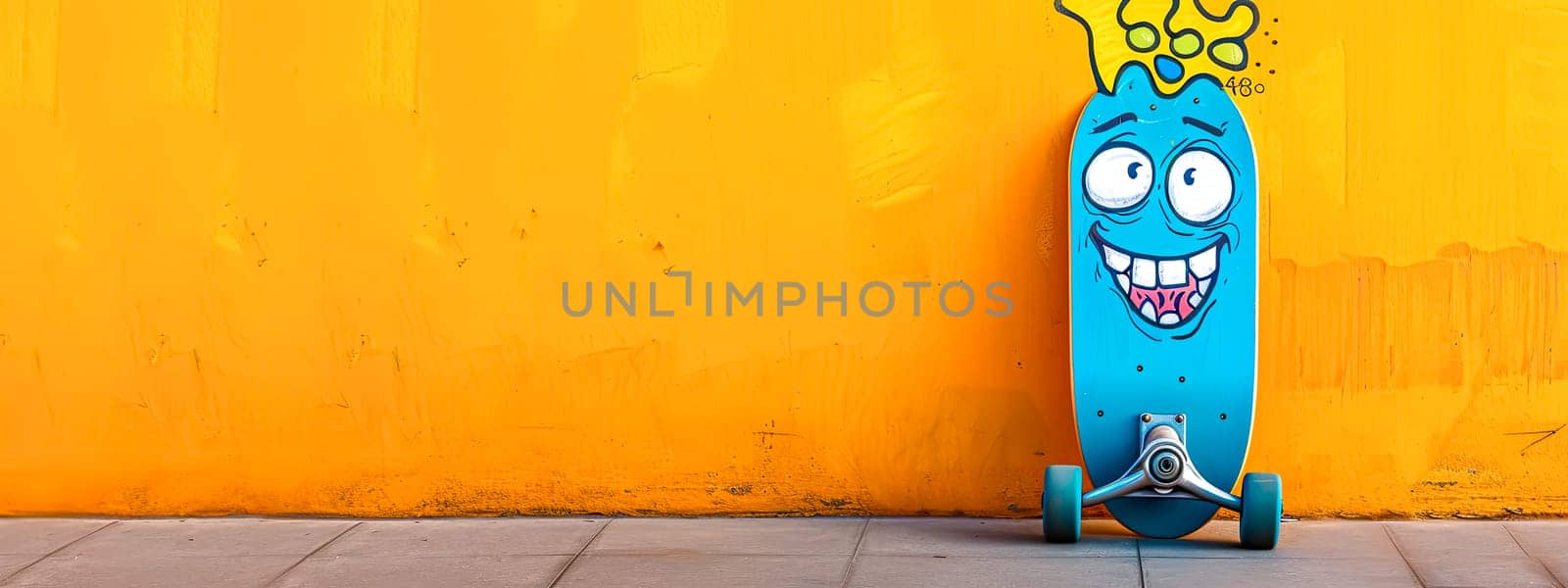Happy electric blue skateboard with cartoon face against yellow wall by Edophoto