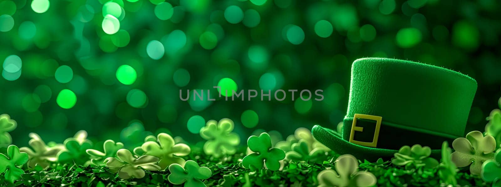 A terrestrial plant, the green leprechaun hat rests amidst a cluster of green shamrocks, creating a picturesque natural landscape.