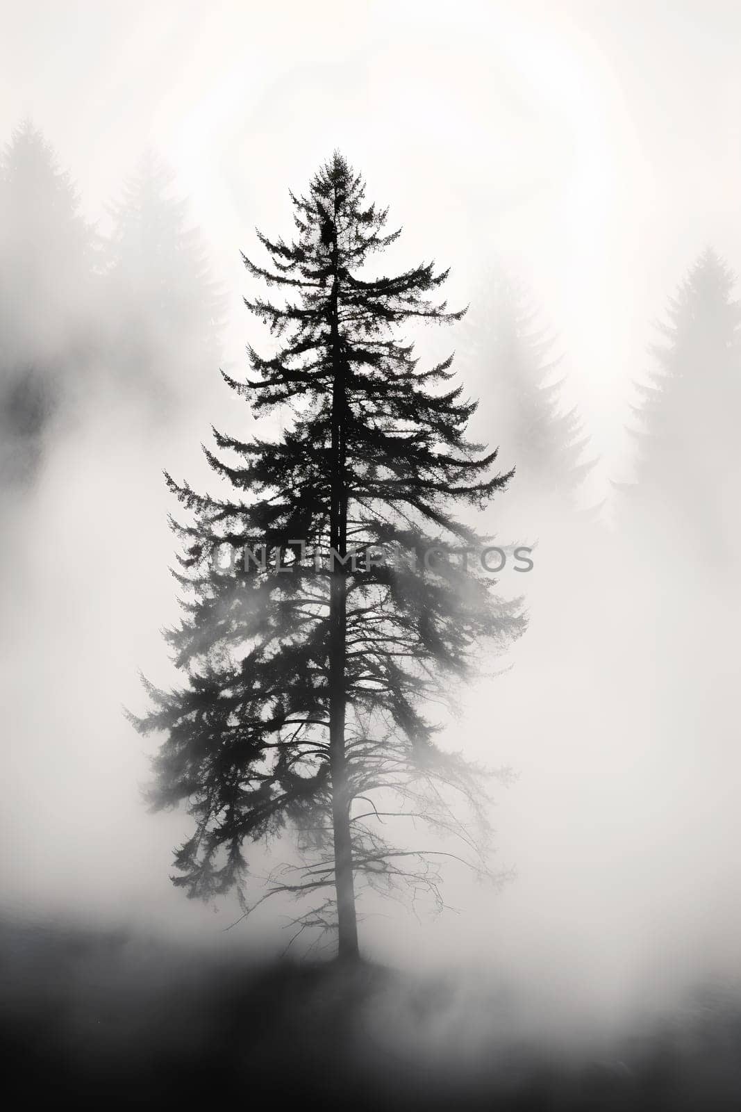 Black and white landscape of misty mountains with a stand of trees - Generative AI