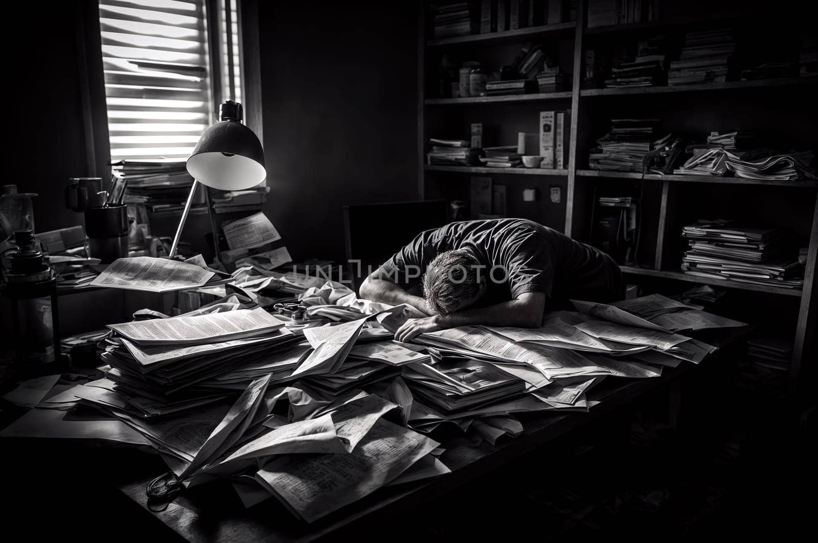 A person buried in paperwork, asleep at a cluttered desk - burnout concept by chrisroll