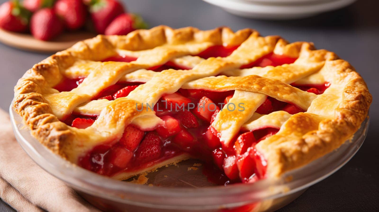 Golden-baked strawberry pie with lattice crust, close-up - Generative AI