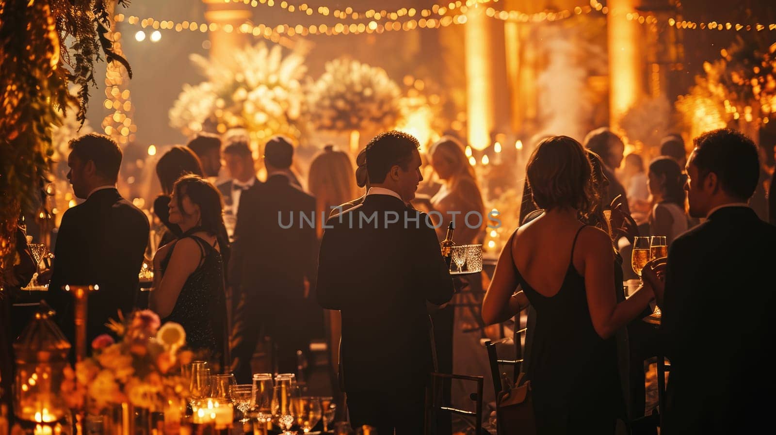 An elegant evening event, people in formal attire, beautifully decorated venue, capturing the essence of a sophisticated gathering. Resplendent.