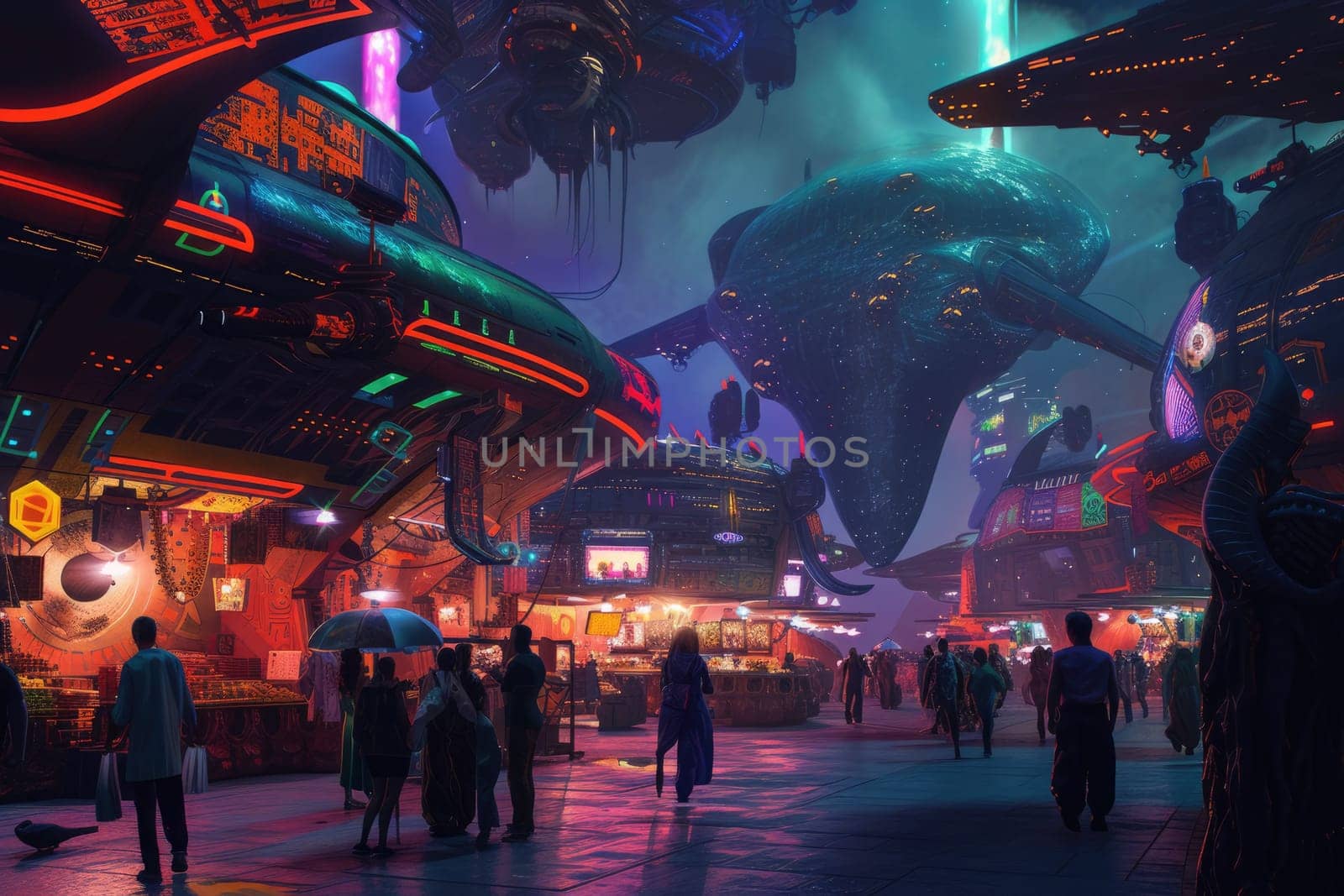 Futuristic Cityscape with Flying Vehicles and Crowds. Resplendent. by biancoblue