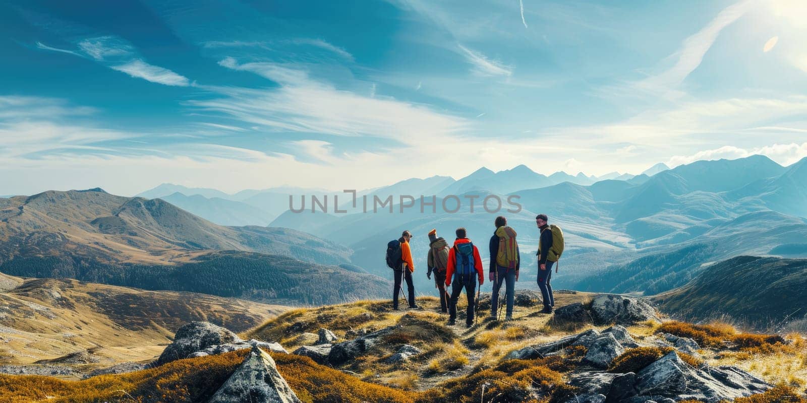 A group of friends on a hiking adventure, panoramic mountain views, capturing the spirit of friendship and exploration. Resplendent.