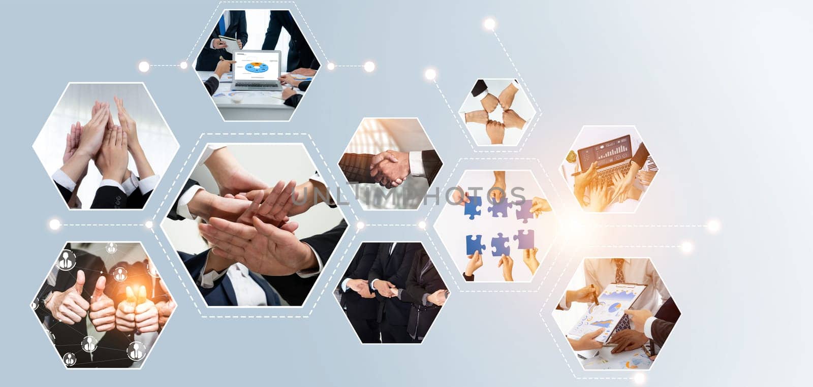 Teamwork and human resources HR management technology concept in corporate business with people group networking to support partnership, trust, teamwork and unity of coworkers in office kudos