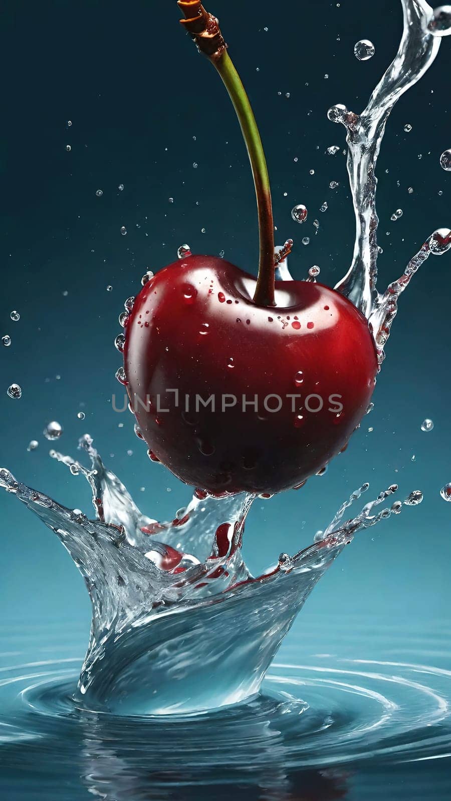 cherry with water splash isolated on background. 3d illustration.cherry splashing into water on background, close-up.Cherry falling into water with splash on background