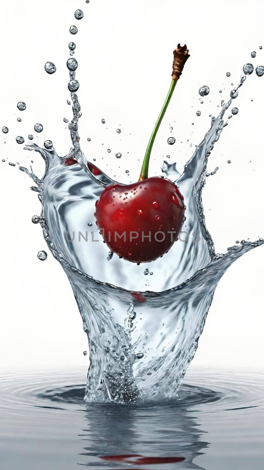 cherry with water splash isolated on background. 3d illustration.cherry splashing into water on background, close-up.Cherry falling into water with splash on background