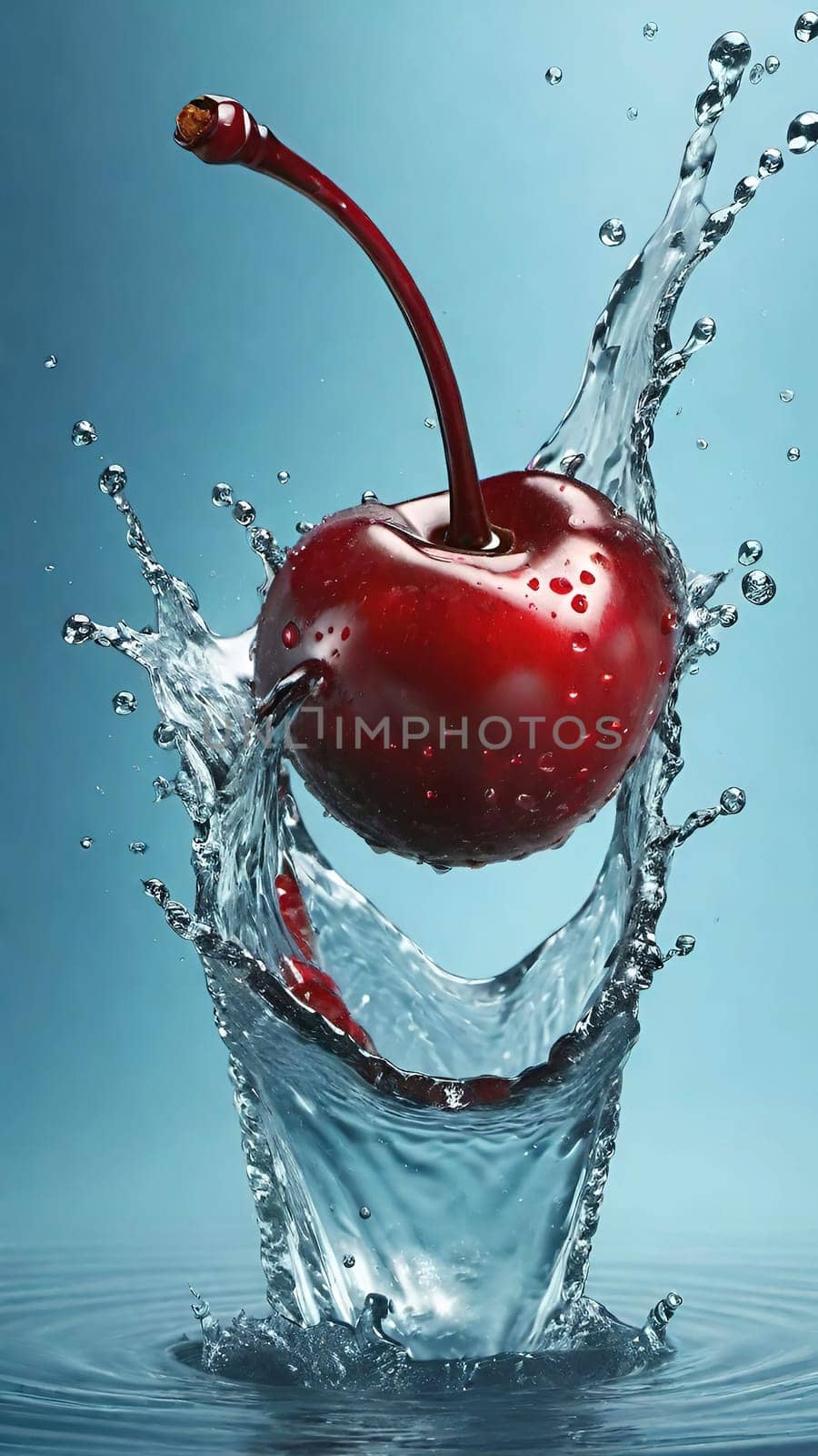 cherry with water splash isolated on background. 3d illustration.cherry splashing into water on background, close-up.Cherry falling into water with splash on background