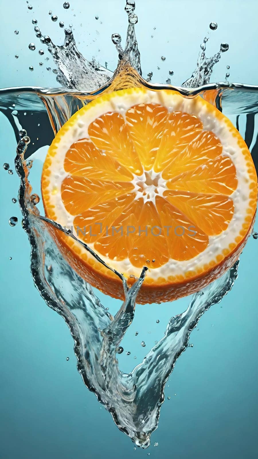 Fresh orange falling into water with splash on background, closeup.Orange in water splash on background. Concept of freshness and healthy eating.Fresh orange slice falling into water with splash on background,
