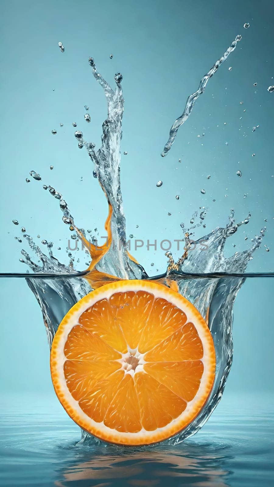 Fresh orange falling into water with splash on background, closeup.Orange in water splash on background. Concept of freshness and healthy eating.Fresh orange slice falling into water with splash on background,