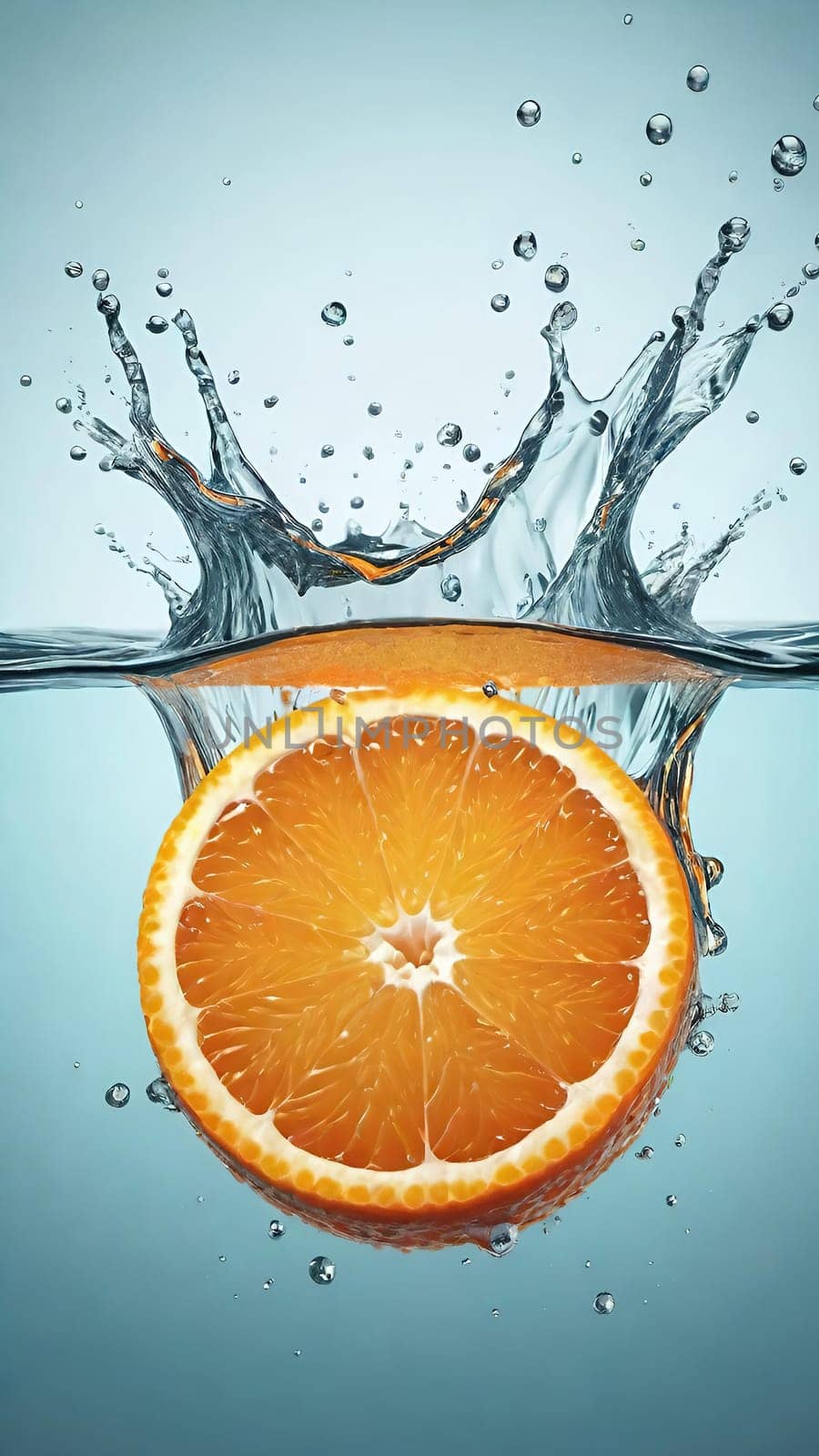 Fresh orange falling into water with splash on background, closeup.Orange in water splash on background. Concept of freshness and healthy eating.Fresh orange slice falling into water with splash on background,