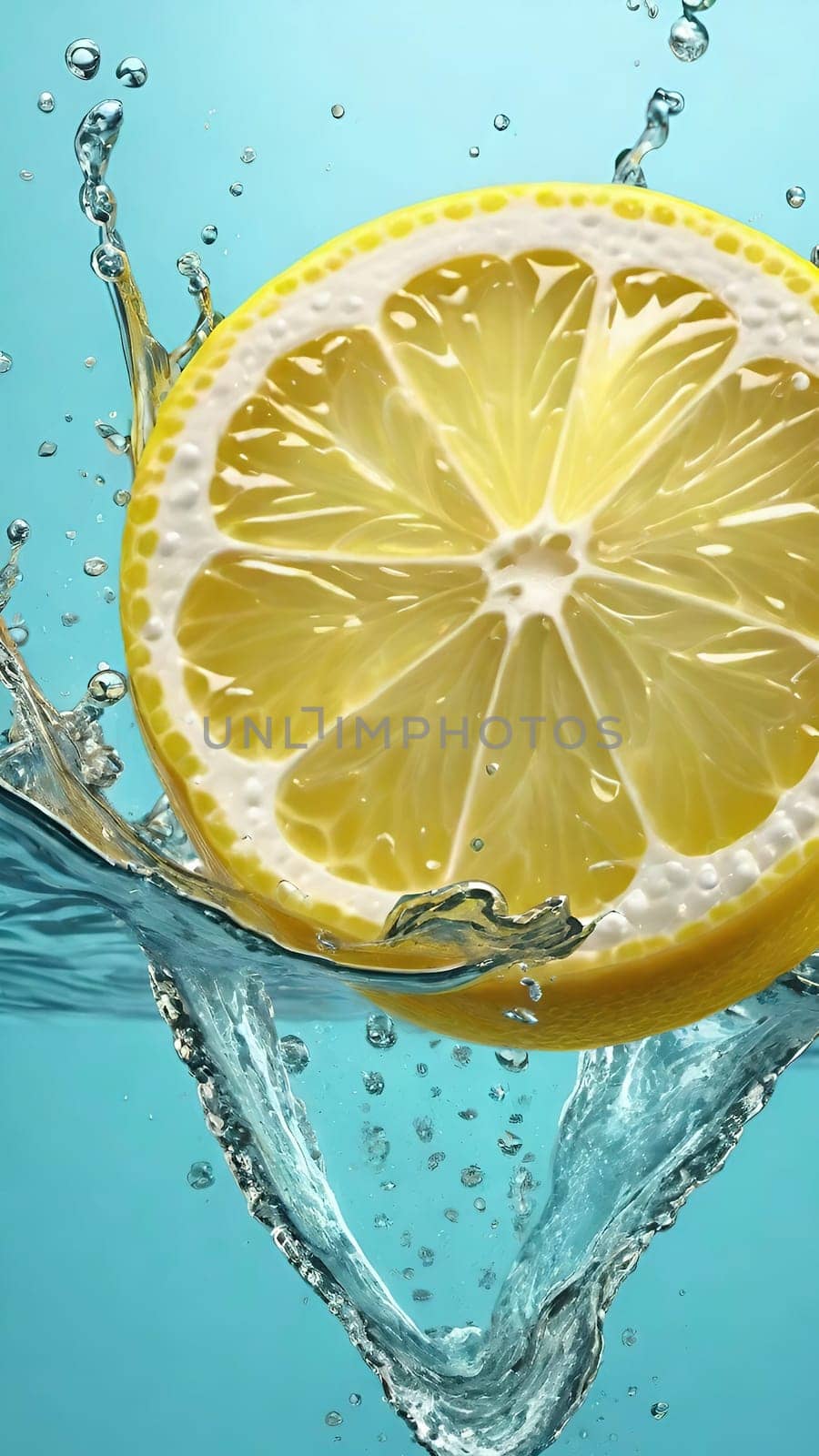 Fresh lemon falling into water with splash on background, by yilmazsavaskandag
