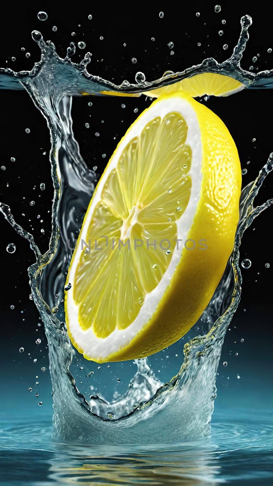 Fresh lemon falling into water with splash on background, by yilmazsavaskandag