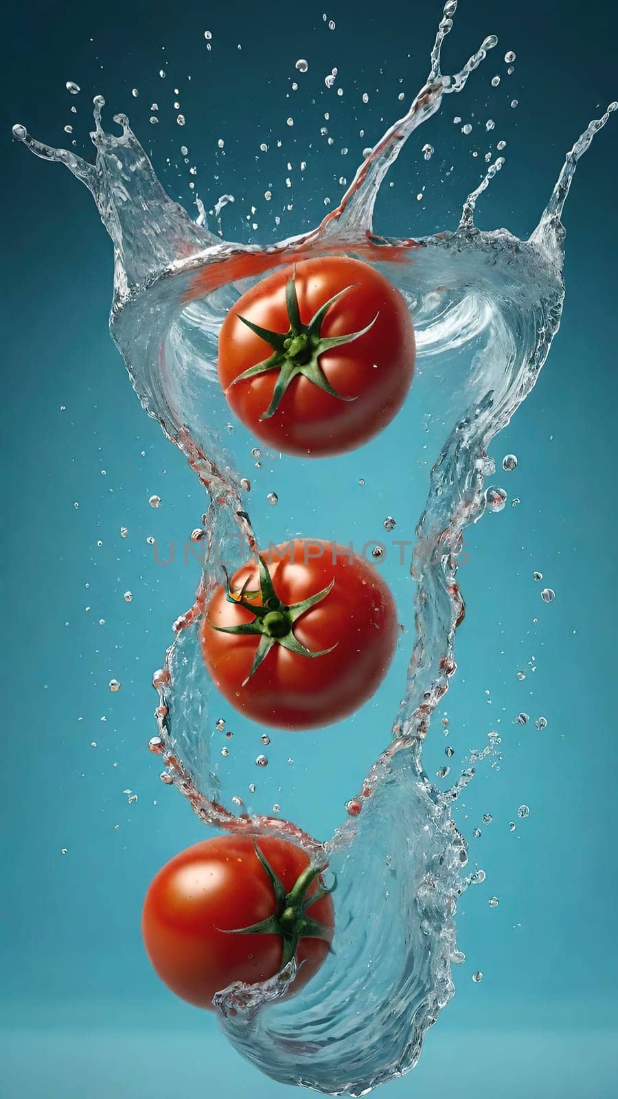 Fresh tomatoes falling into water with splash on blue background, closeup