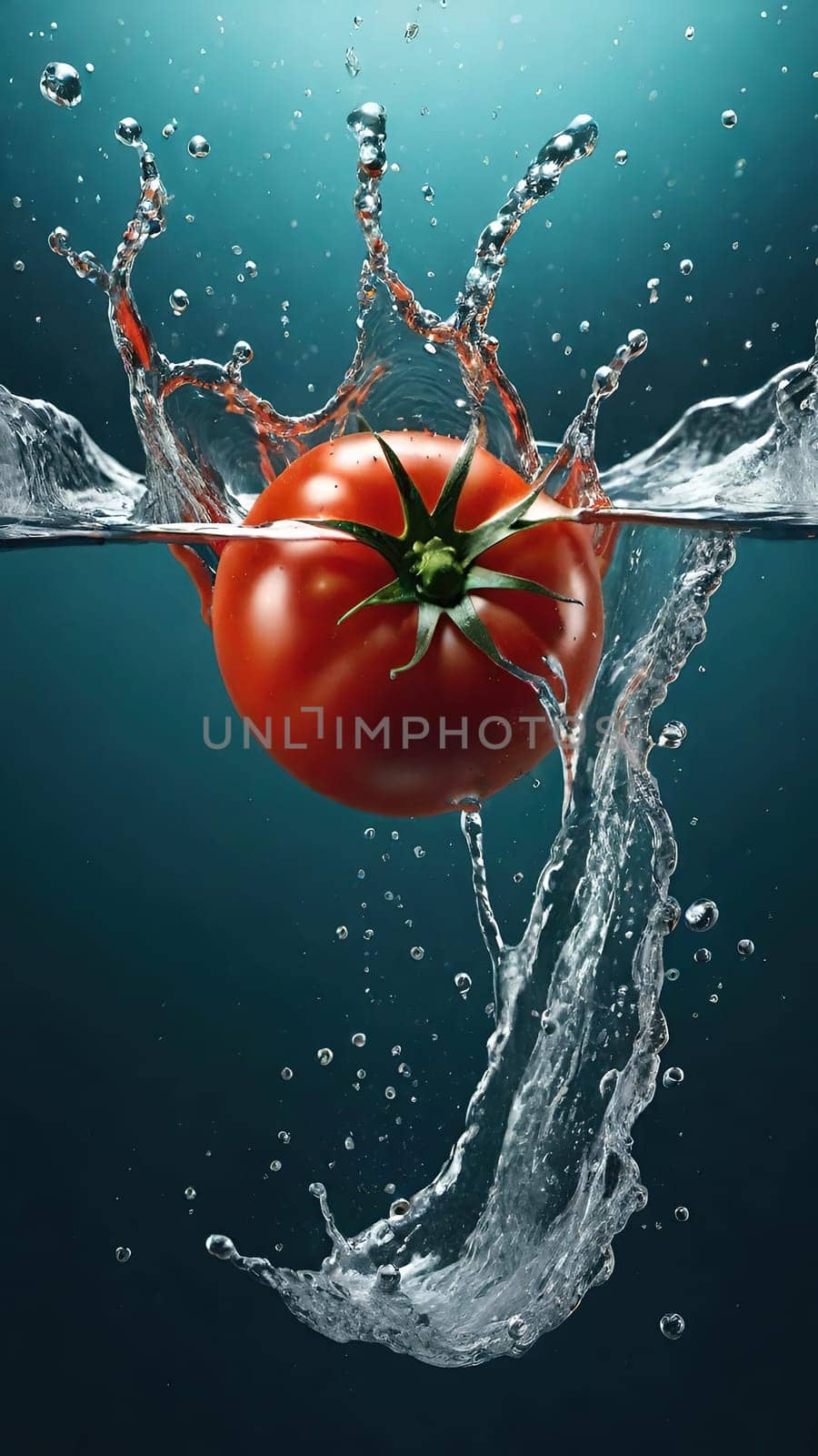 Fresh tomatoes falling into water with splash on blue background, closeup