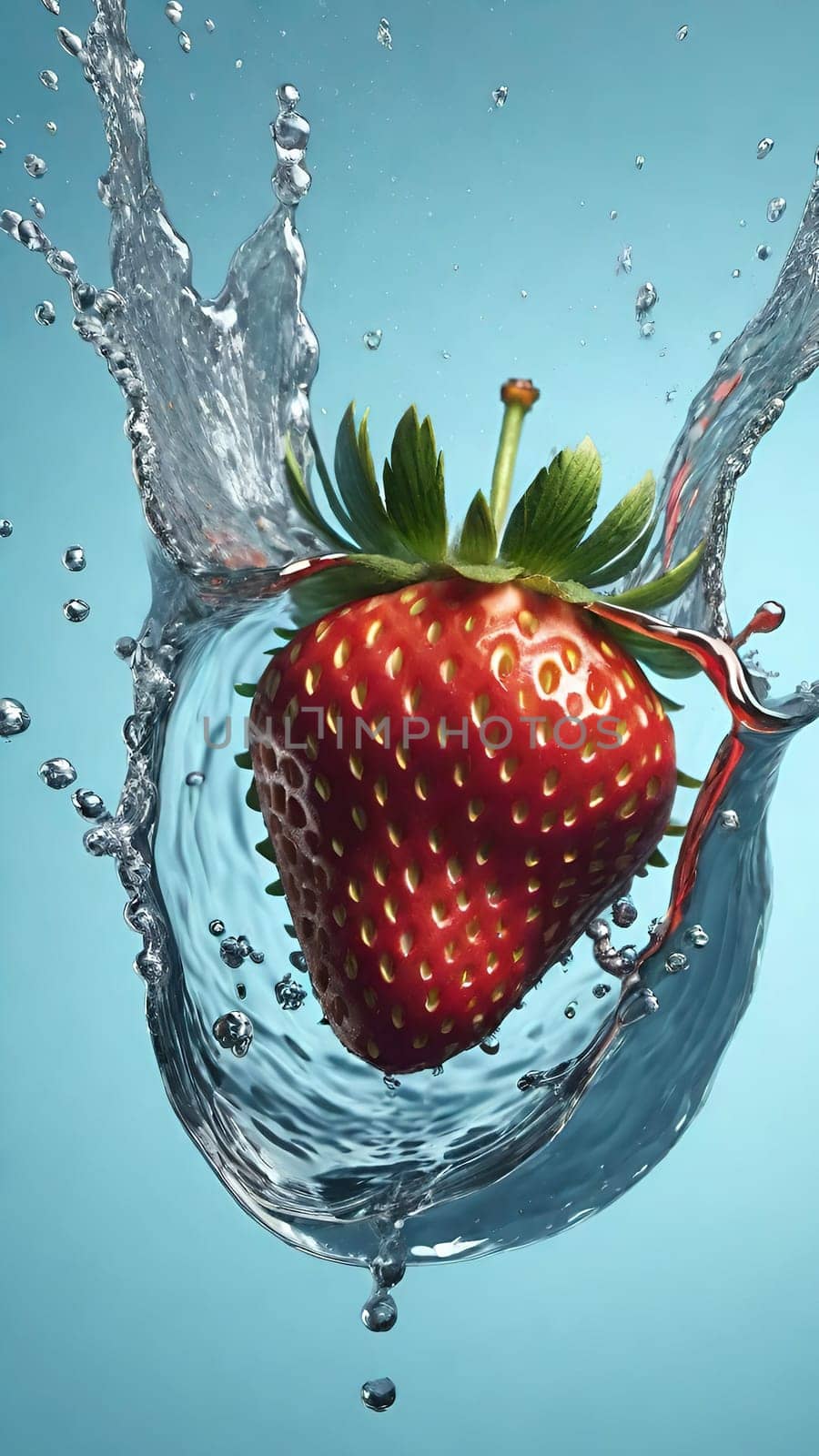 Strawberry in water splash, isolated on a blue background.Strawberry in water splash, isolated on blue background. 3d illustration.Strawberry falling into water with splash and ripples on blue background