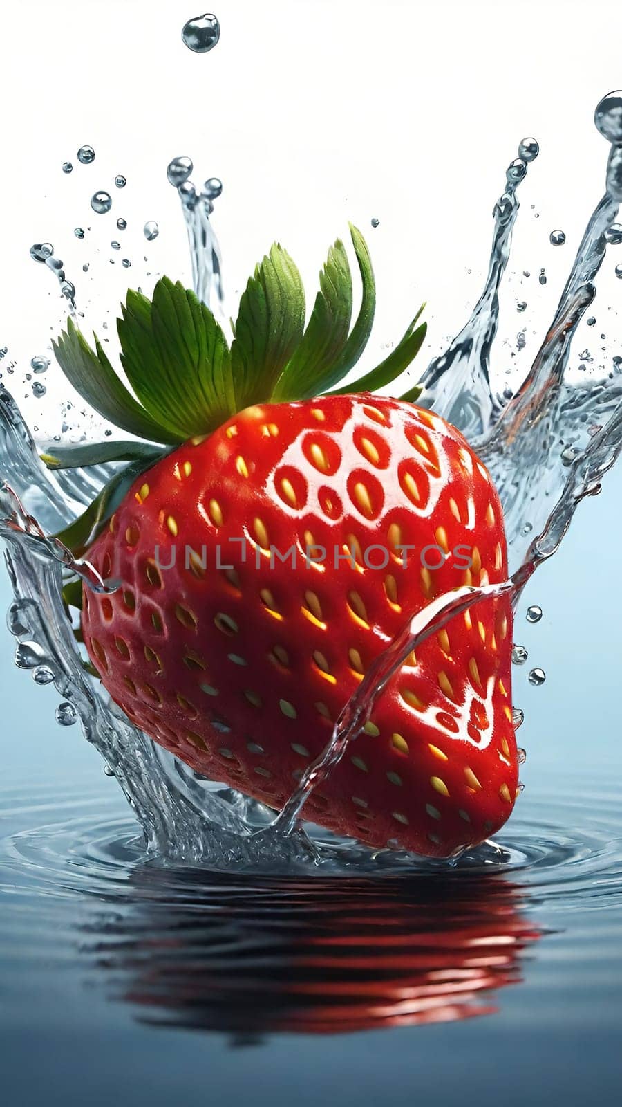 Strawberry in water splash, isolated on a blue background.Strawberry in water splash, isolated on blue background. 3d illustration.Strawberry falling into water with splash and ripples on blue background