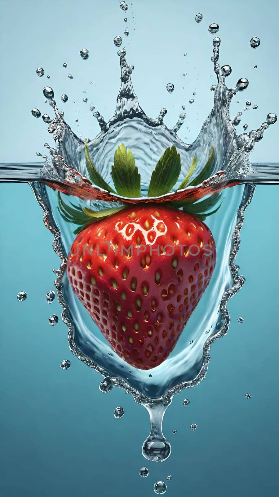 Strawberry in water splash, isolated on a blue background.Strawberry in water splash, isolated on blue background. 3d illustration.Strawberry falling into water with splash and ripples on blue background