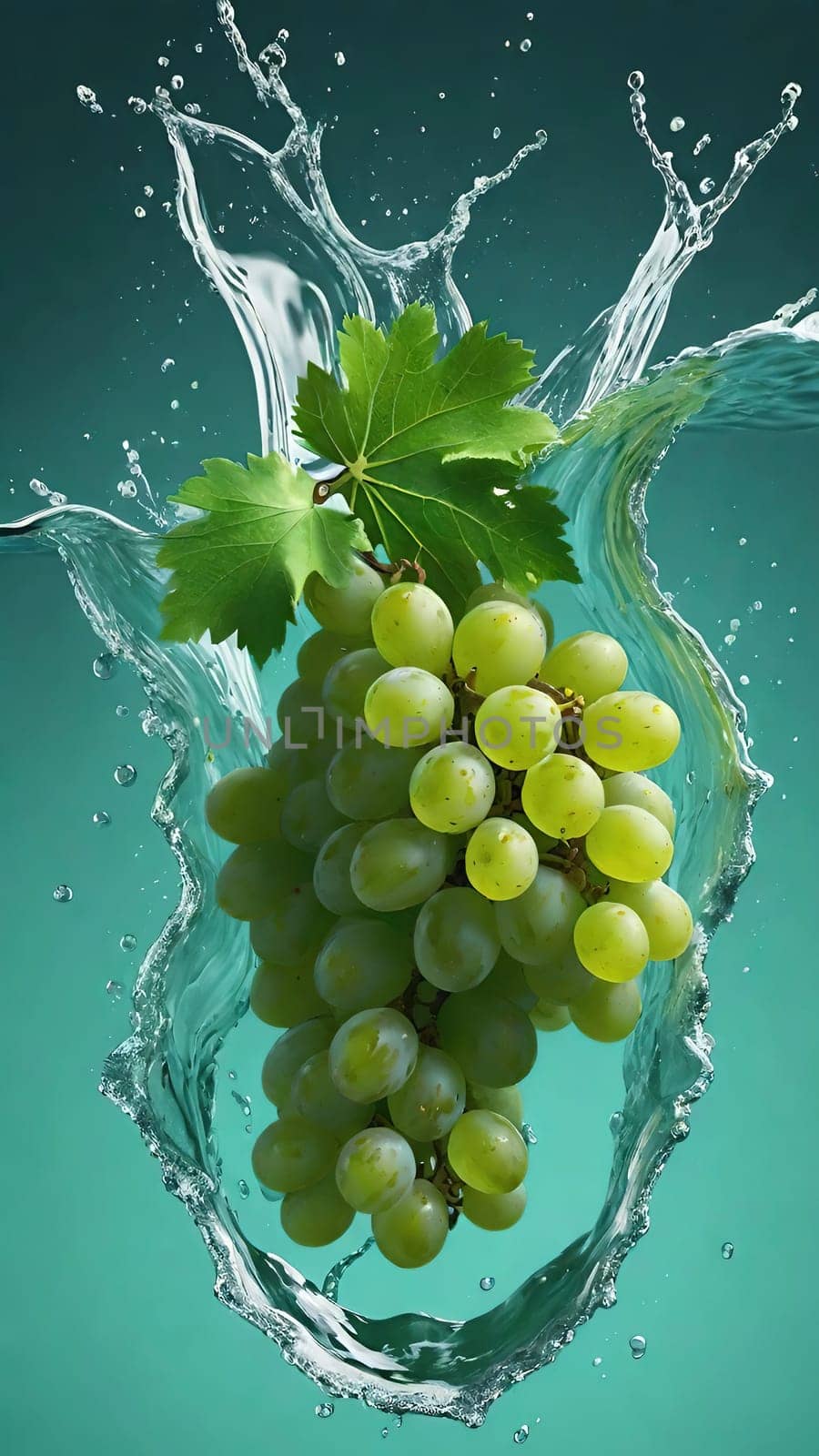 Grapes in water splash on background. Healthy food.Fresh green grapes with water splash on dark green background, close up.Green grape in water splash on green background. Ripe grapes in water splash.