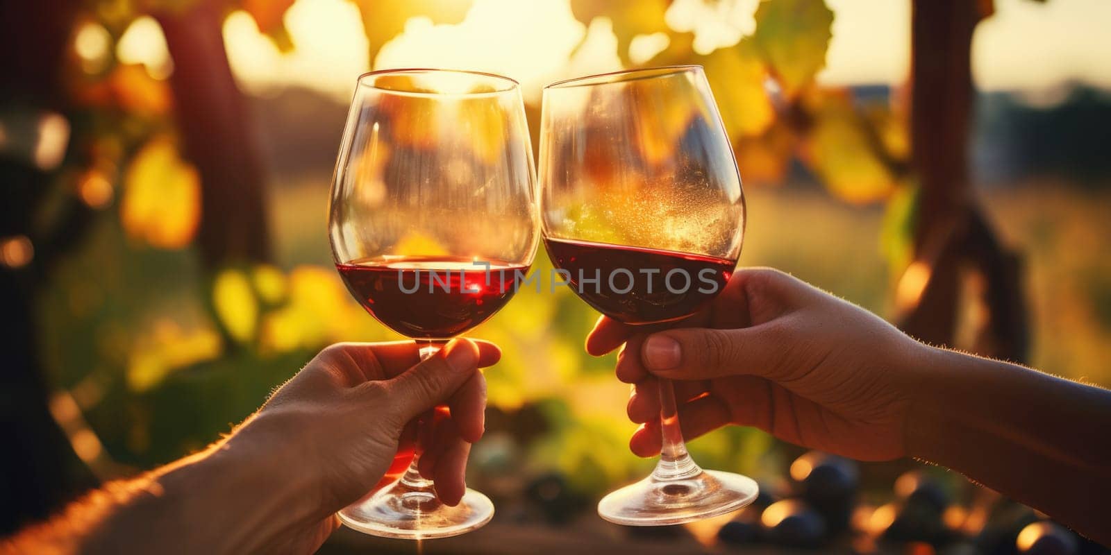 Group of friends gathering for wine tasting in countryside vineyard in summer harvesting season cheering and toasting with friendship comeliness